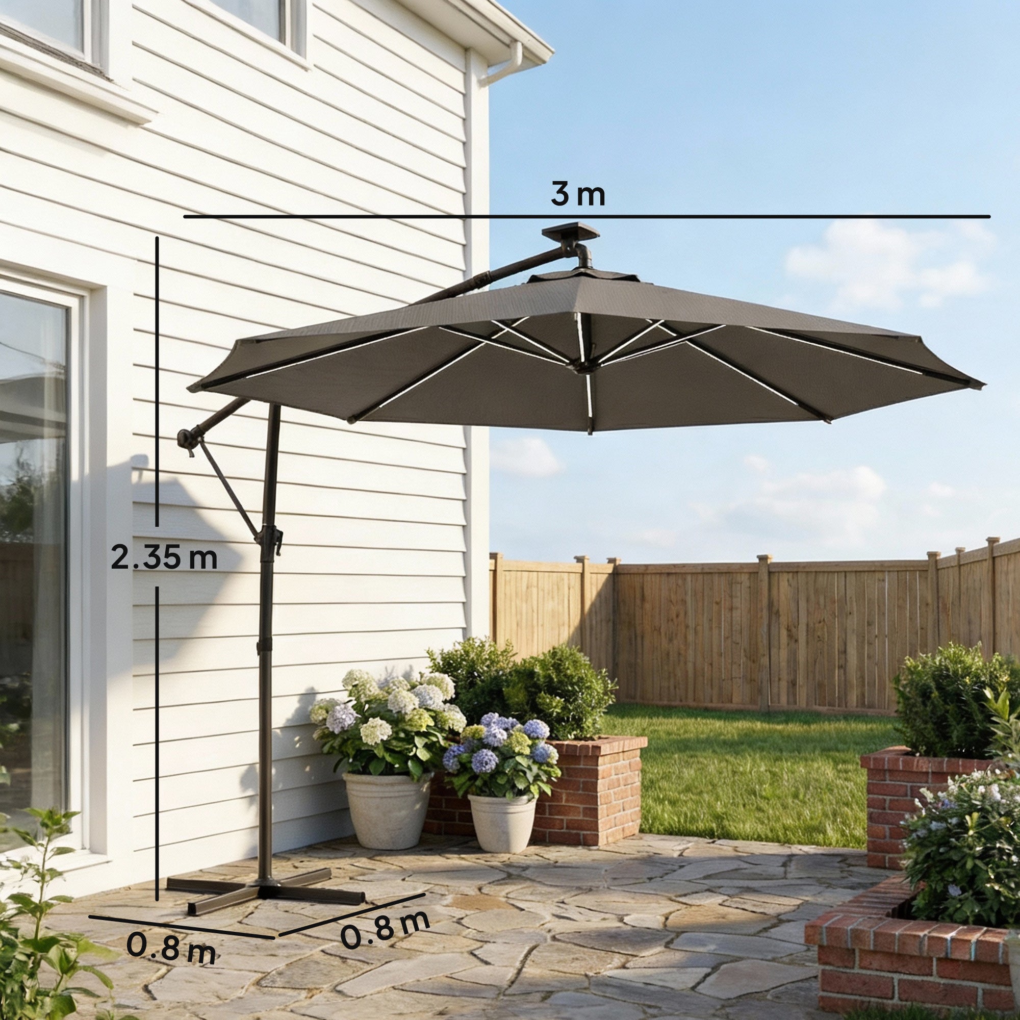3 m Garden Cantilever Parasol with LED Solar Light, Round Overhanging Umbrella with 360° Rotation, Cover, Grey