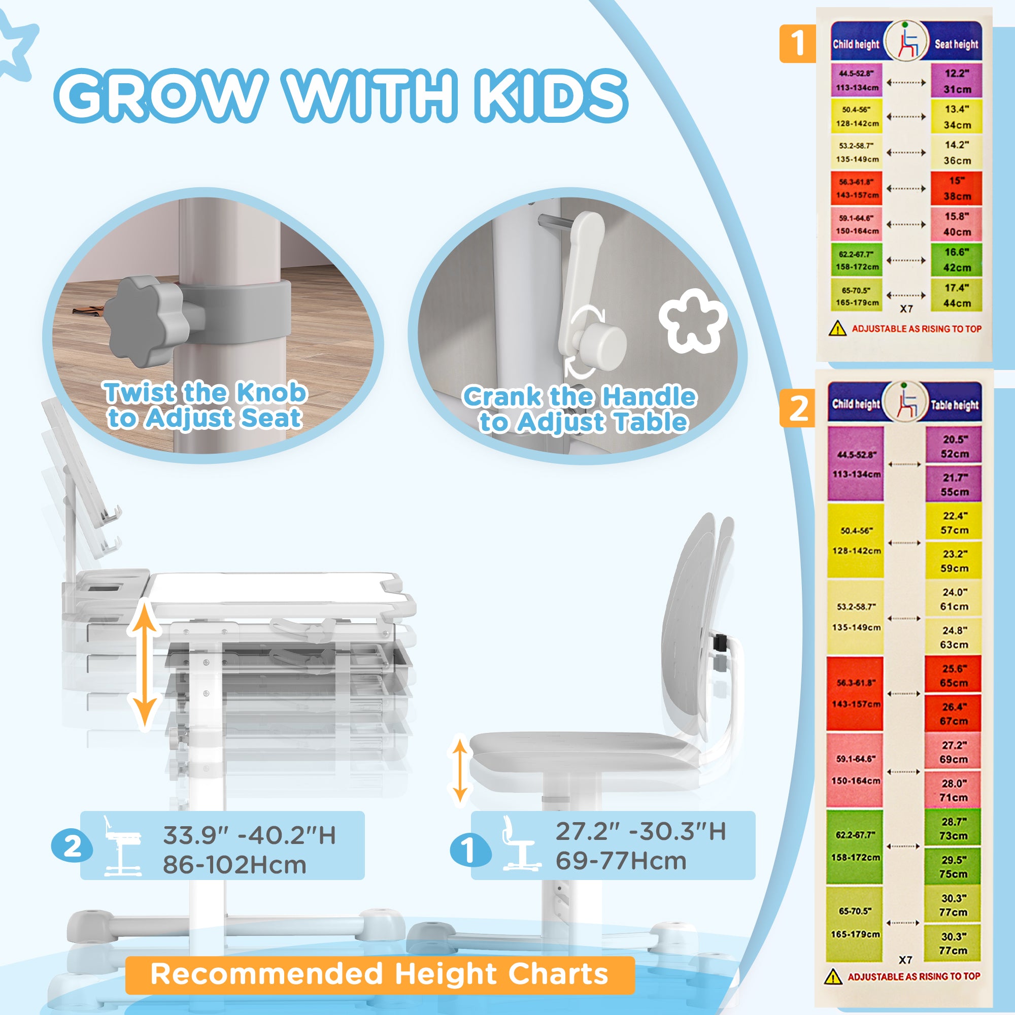 Height Adjustable Kids Desk and Chair Set, School Study Writing, Reading Table Chair Set w/ Tilted Desktop, Grey
