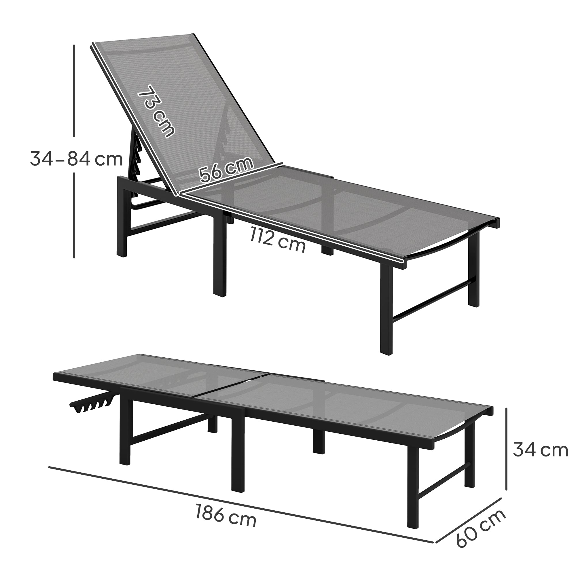 Sun Lounger for Garden, 5-Level Adjustable Reclining Sun Lounger Chair, Flat Garden Lounger Sunbed with Texteline Seat, Steel Frame for Patio, Beach, Grey