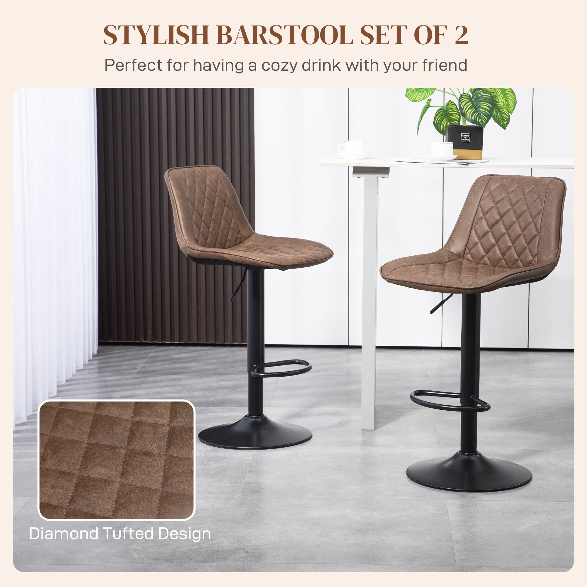 Bar Stools Set of 2, Retro Adjustable Kitchen Stool, Swivel PU Leather Upholstered Bar Chairs with Back, Footrest and Steel Base, Brown