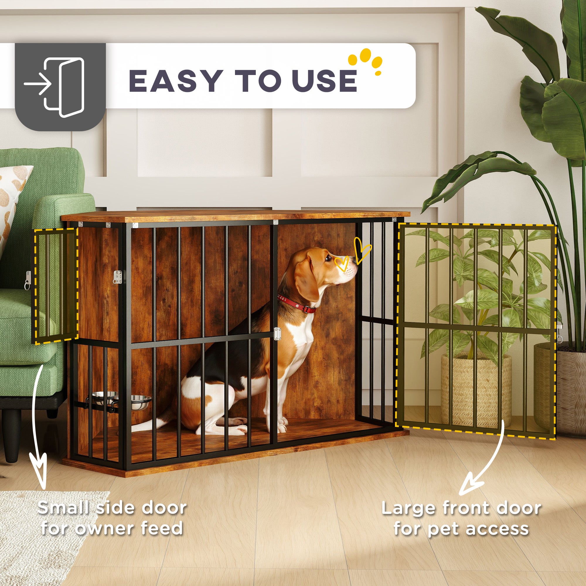 Corner Dog Crate Furniture with 2 Bowls, Lockable Doors, for Small Medium Dogs, Rustic Brown