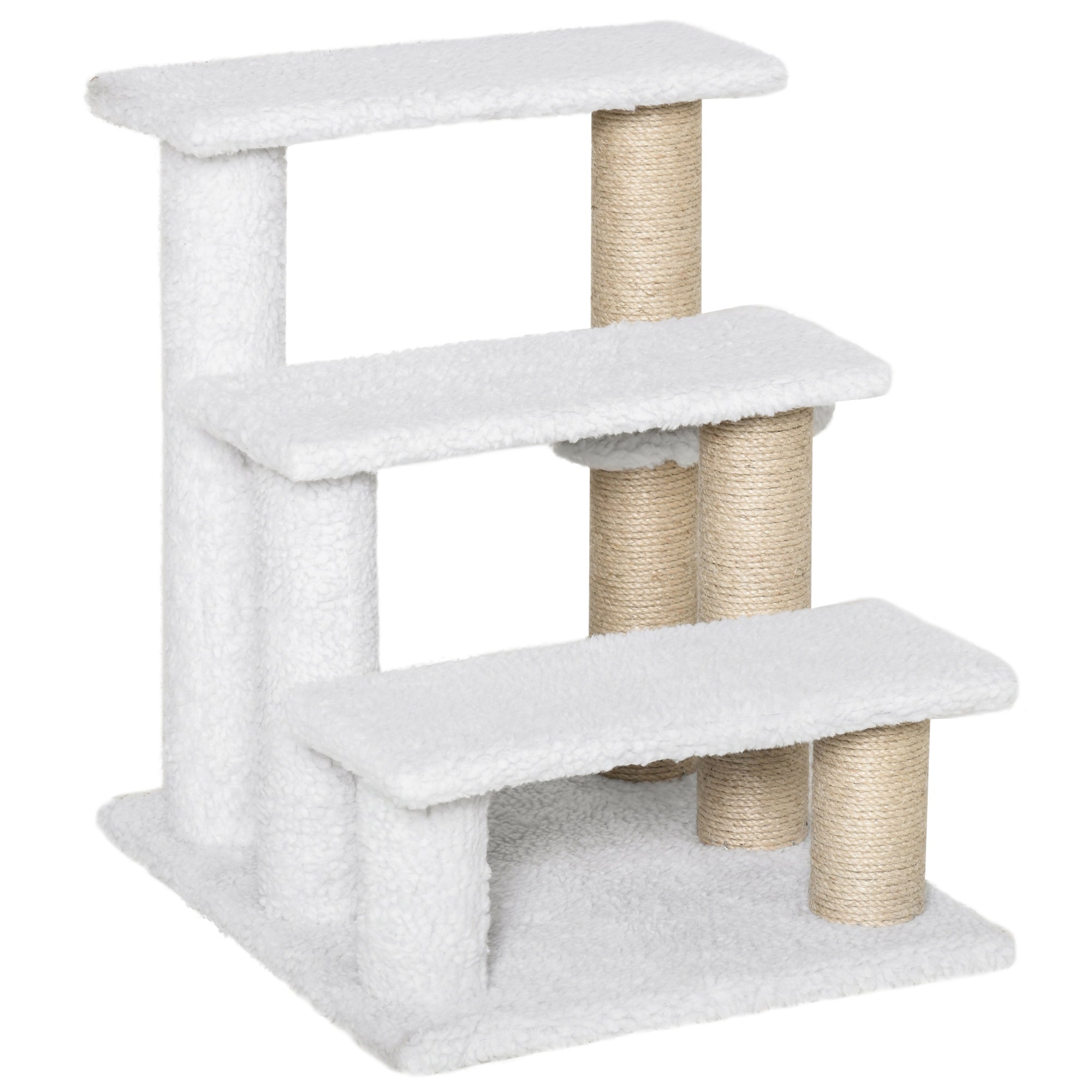 Pet Stair with 3-step Climb Ladder, Scratching Posts, Platforms, Toy Ball, for Indoor Elderly Cats Kittens, White