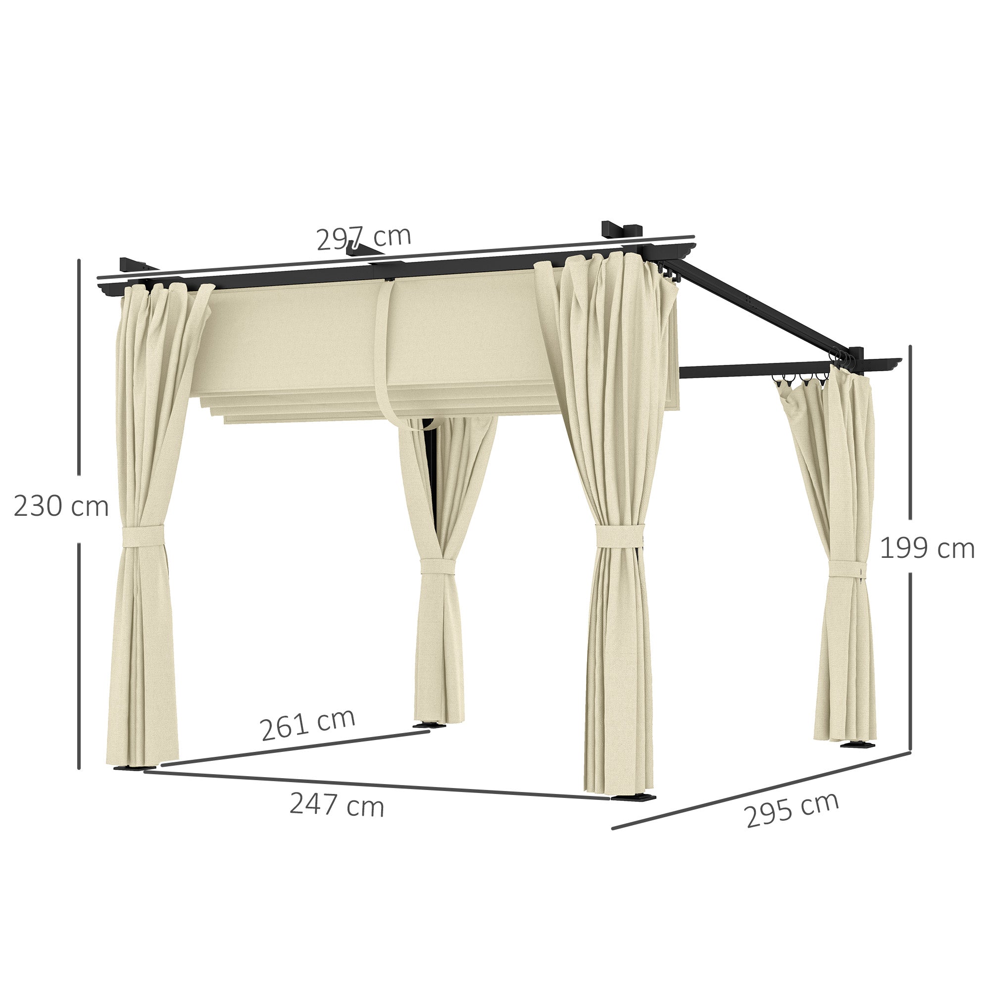 3 x 3 Metre Retractable Roof Pergola with Curtains - Beige