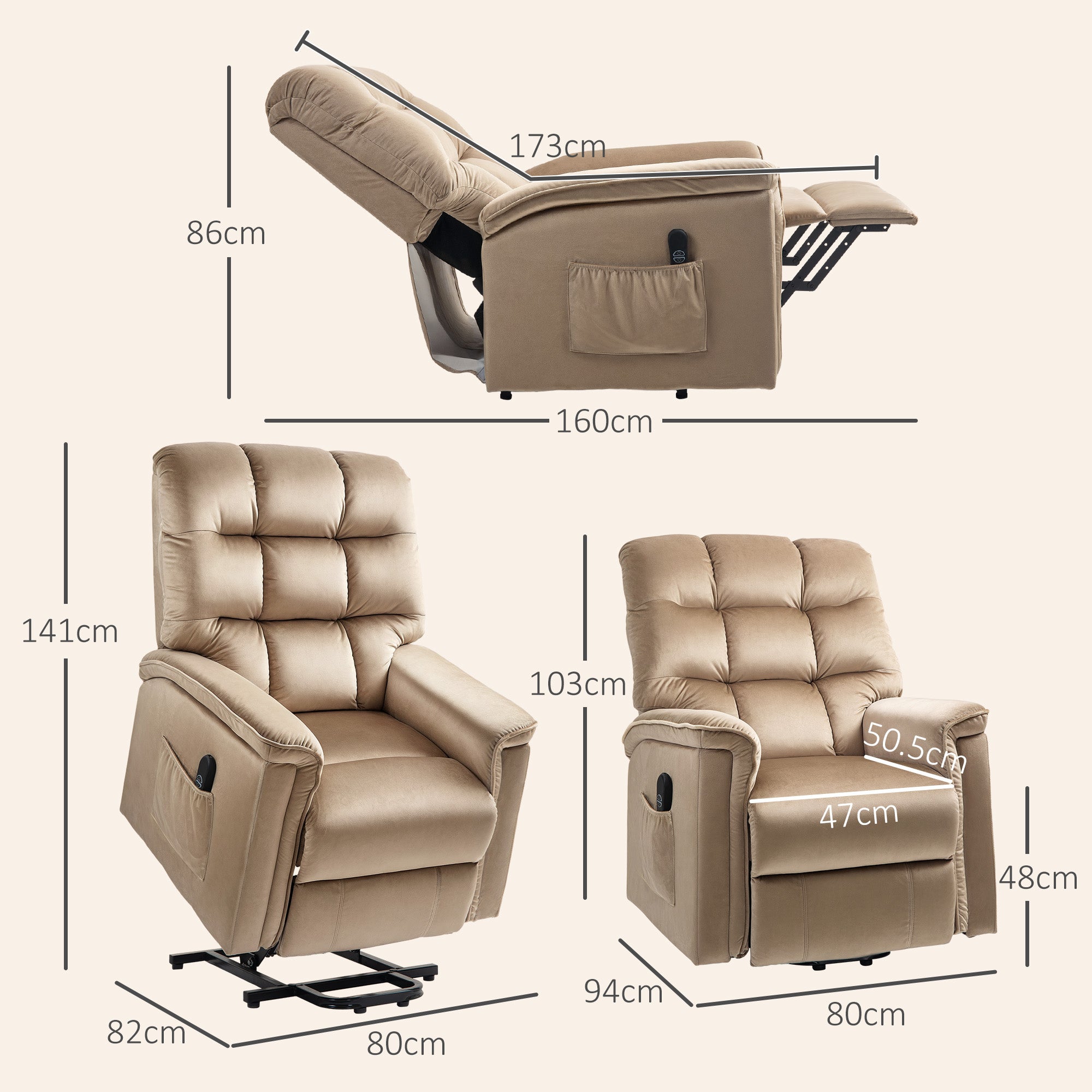 Electric Lift Recliner Chair with Remote Control and USB Port - Champagne Velvet-Feel