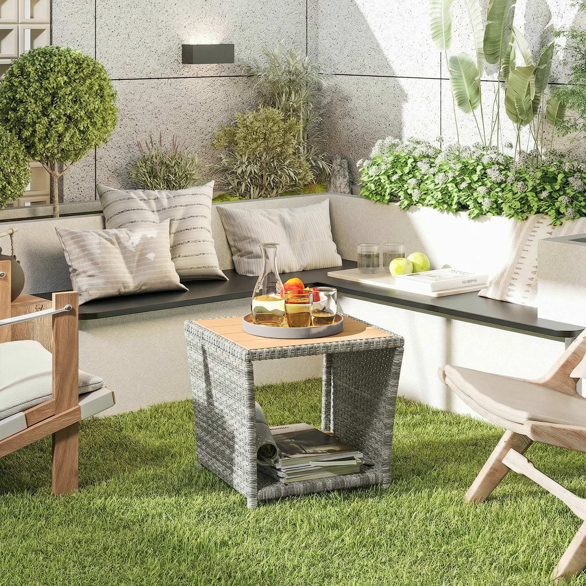 Side Table 2-Tier Outdoor Coffee Table with Storage Shelf PS Wood Slat Top/Light Grey