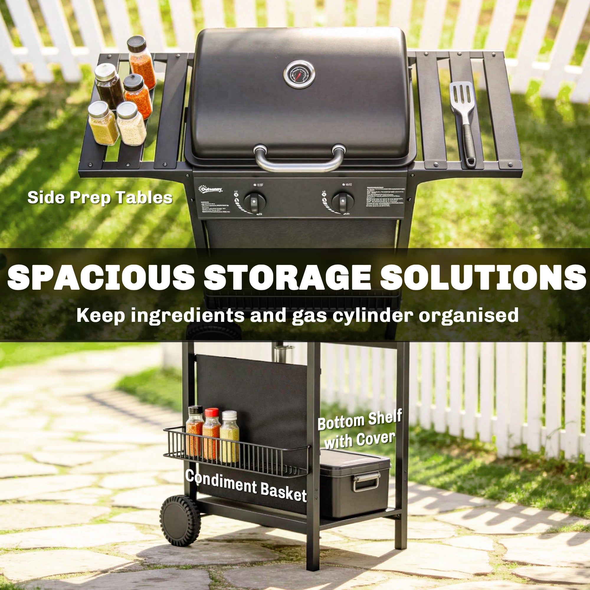 Gas Burner Barbecue Grill, 2 Burner Gas Grill with Side Tables, Warming Rack, Shelf, Thermometer, Grease Tray, Black