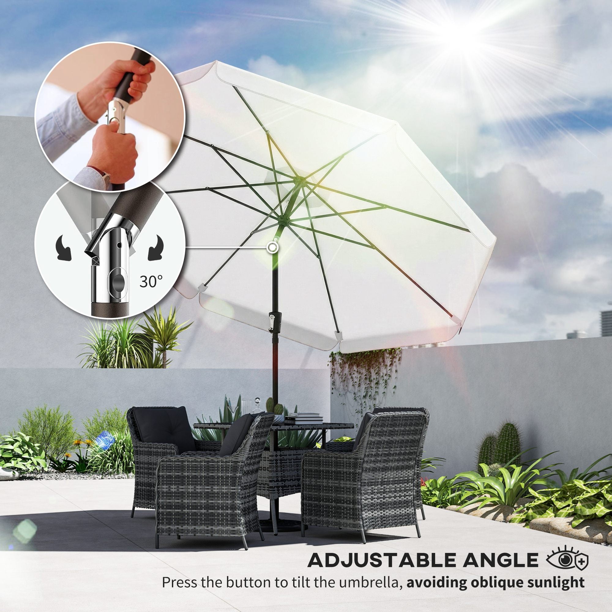 3 m Garden Parasol with Tilt Mechanism & Crank Handle, UPF 30+ Patio Umbrella Outdoor Table Umbrella, Cream White