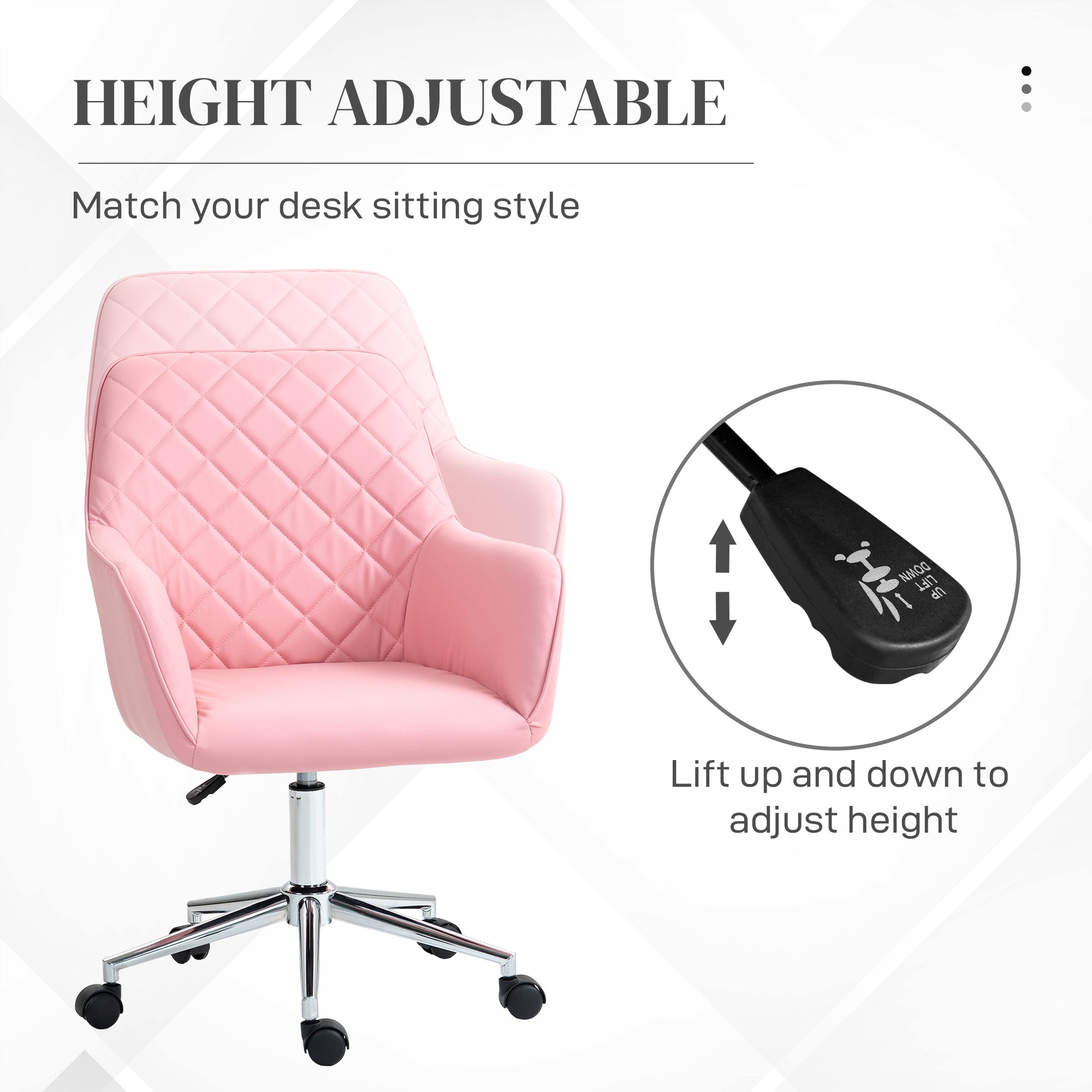 Office Desk Chair, Leather-Feel Fabric Computer Swivel Chair with Rolling Wheels and Adjustable Height for Home, Pink