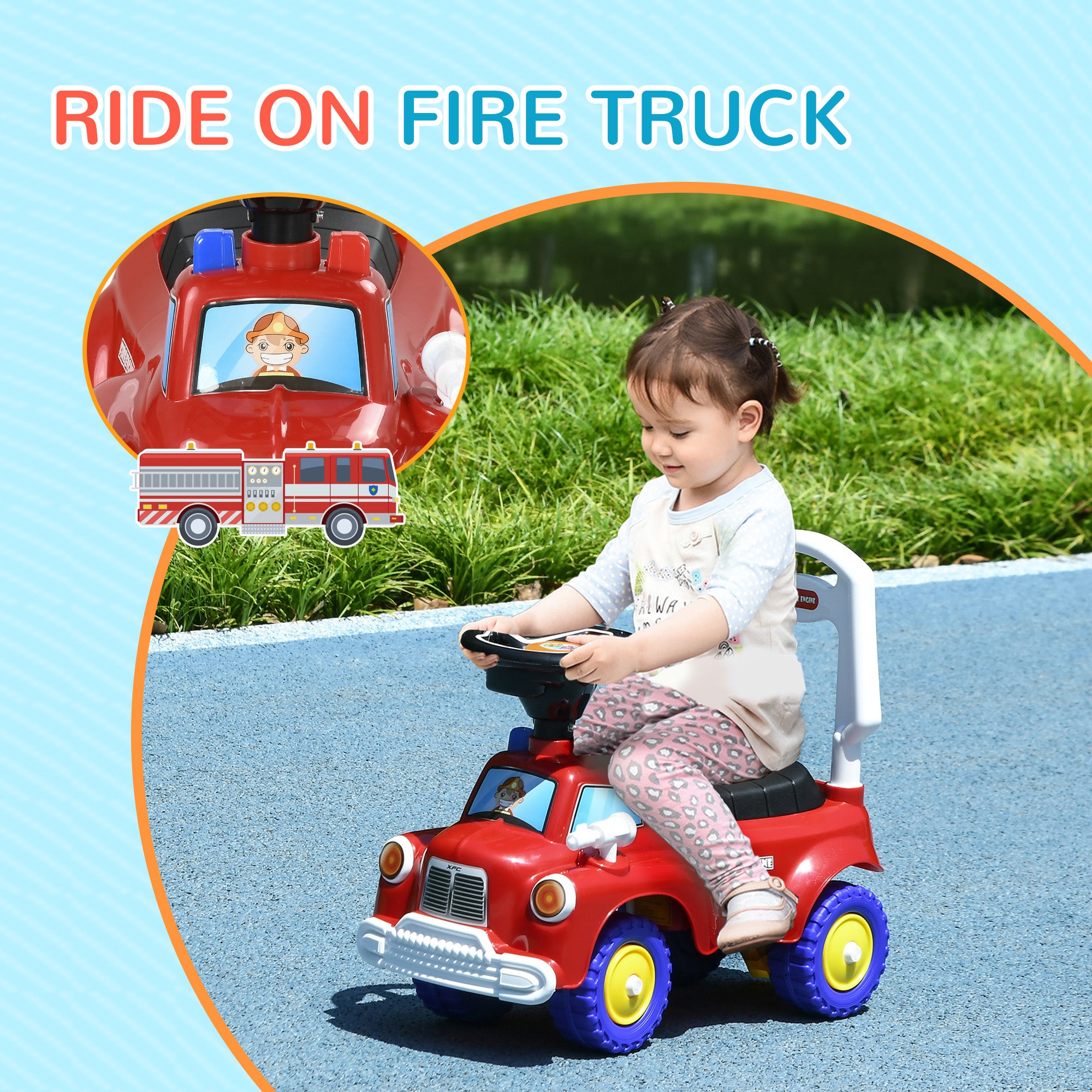 Ride On Fire Truck Foot to Floor Design with Under Seat Storage, Steering Wheel, Music, Light, for 1.5-3 Years, Red