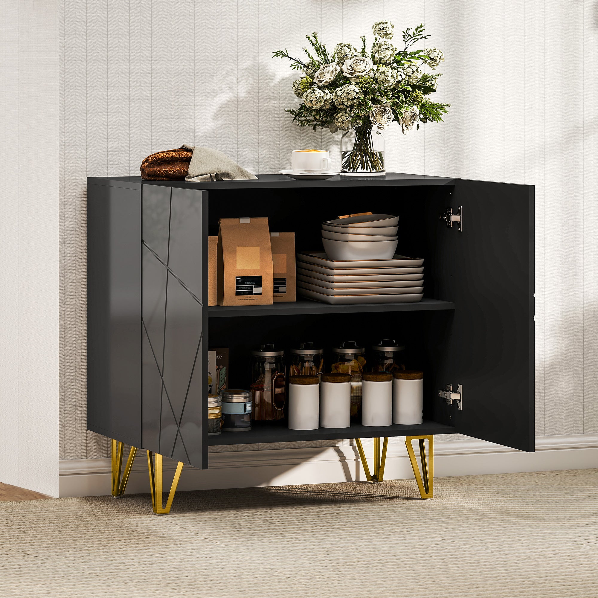Modern Luxe High Gloss Sideboard, with Hairpin Legs - Black
