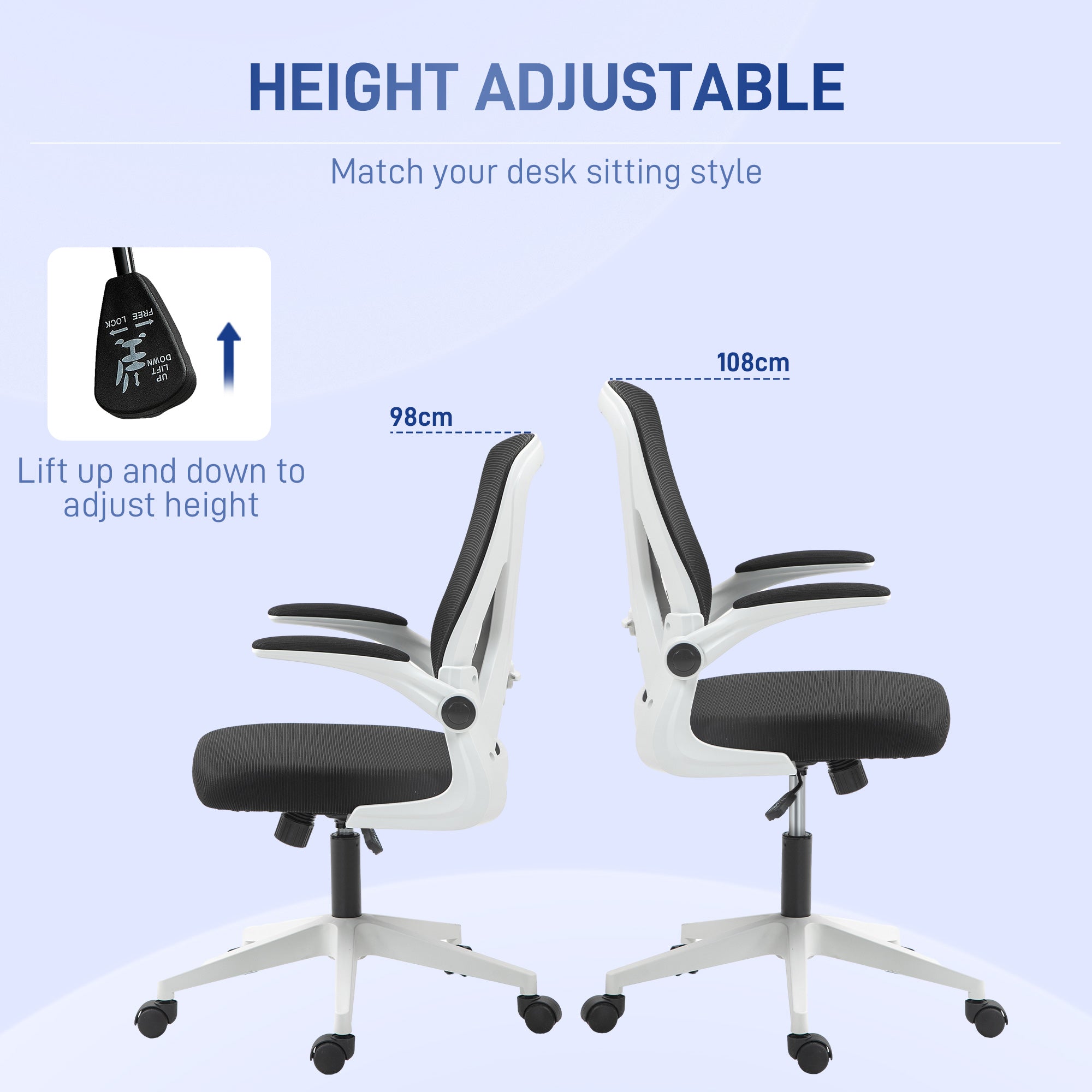 Mesh Back Office Chair, with Flip-Up Arms - Black and White