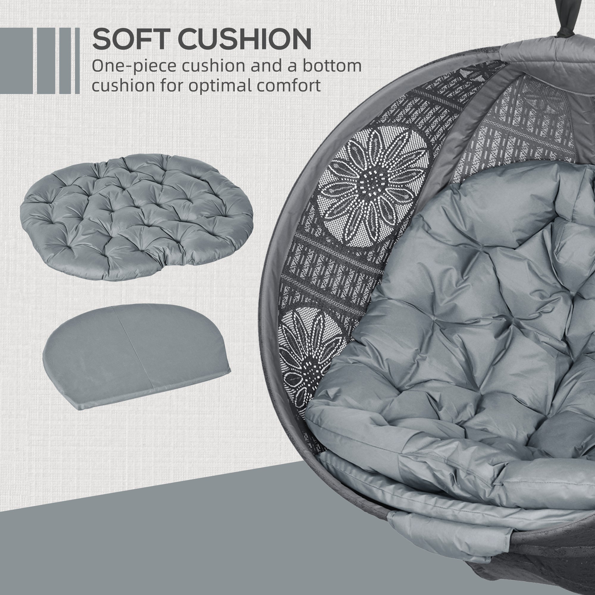 Round Egg Basket Chair with Steel Stand and Padded Cushion - Charcoal Grey