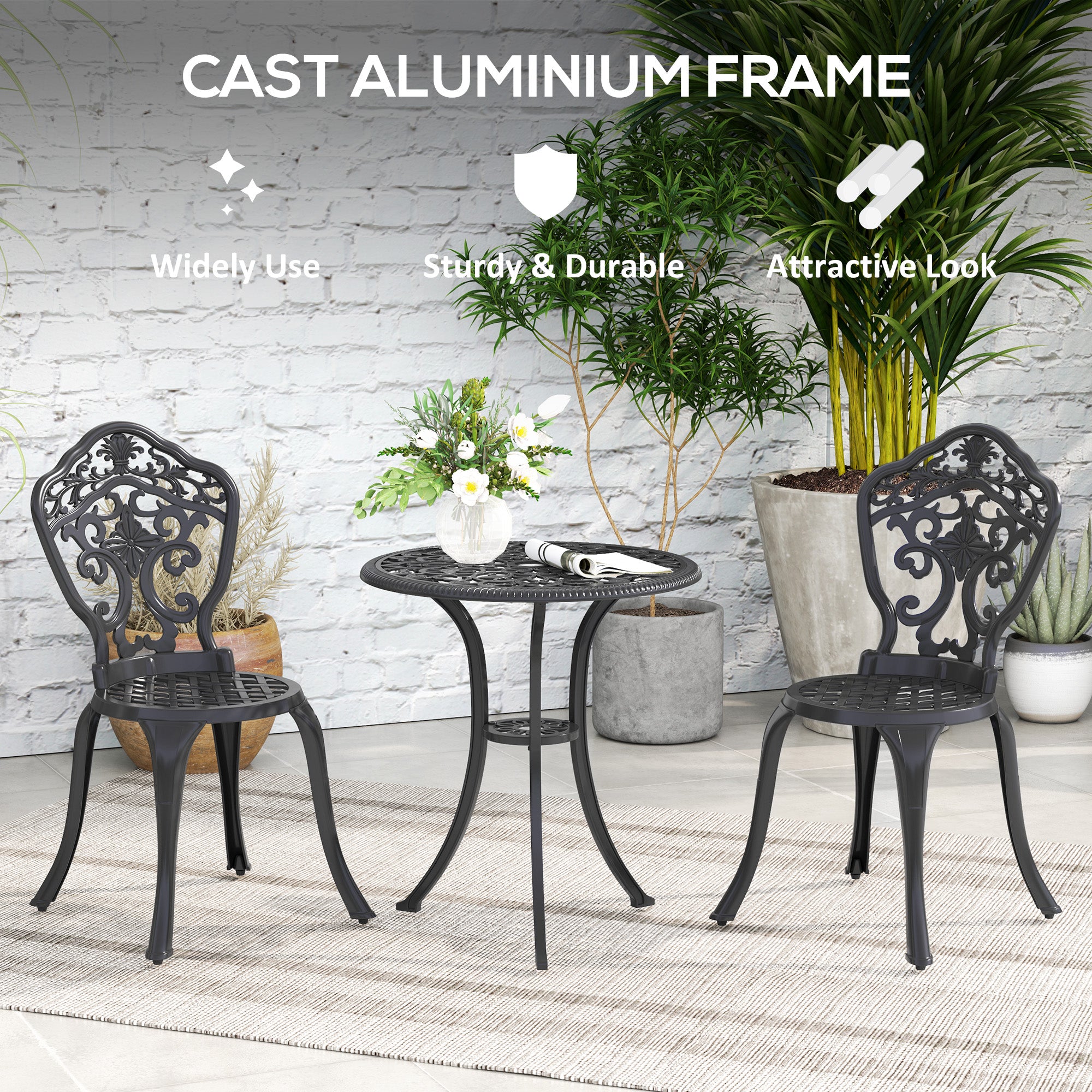 Three-Piece Aluminium Floral Bistro Set - Black