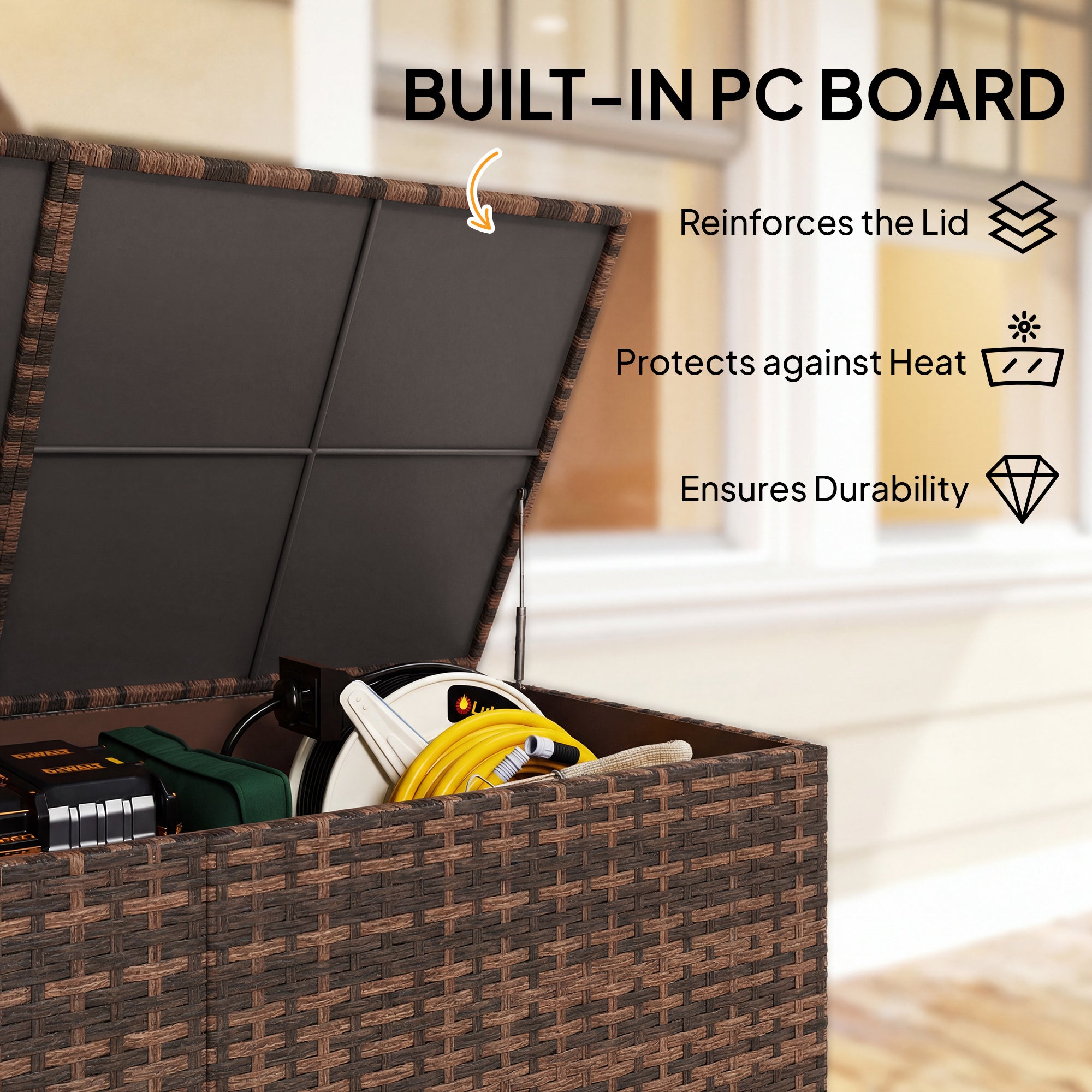 650L Garden Storage Box with 2 Wheels, Rattan Deck Box with Waterproof Zipped Liner, Safe Pneumatic Rods, Mixed Brown