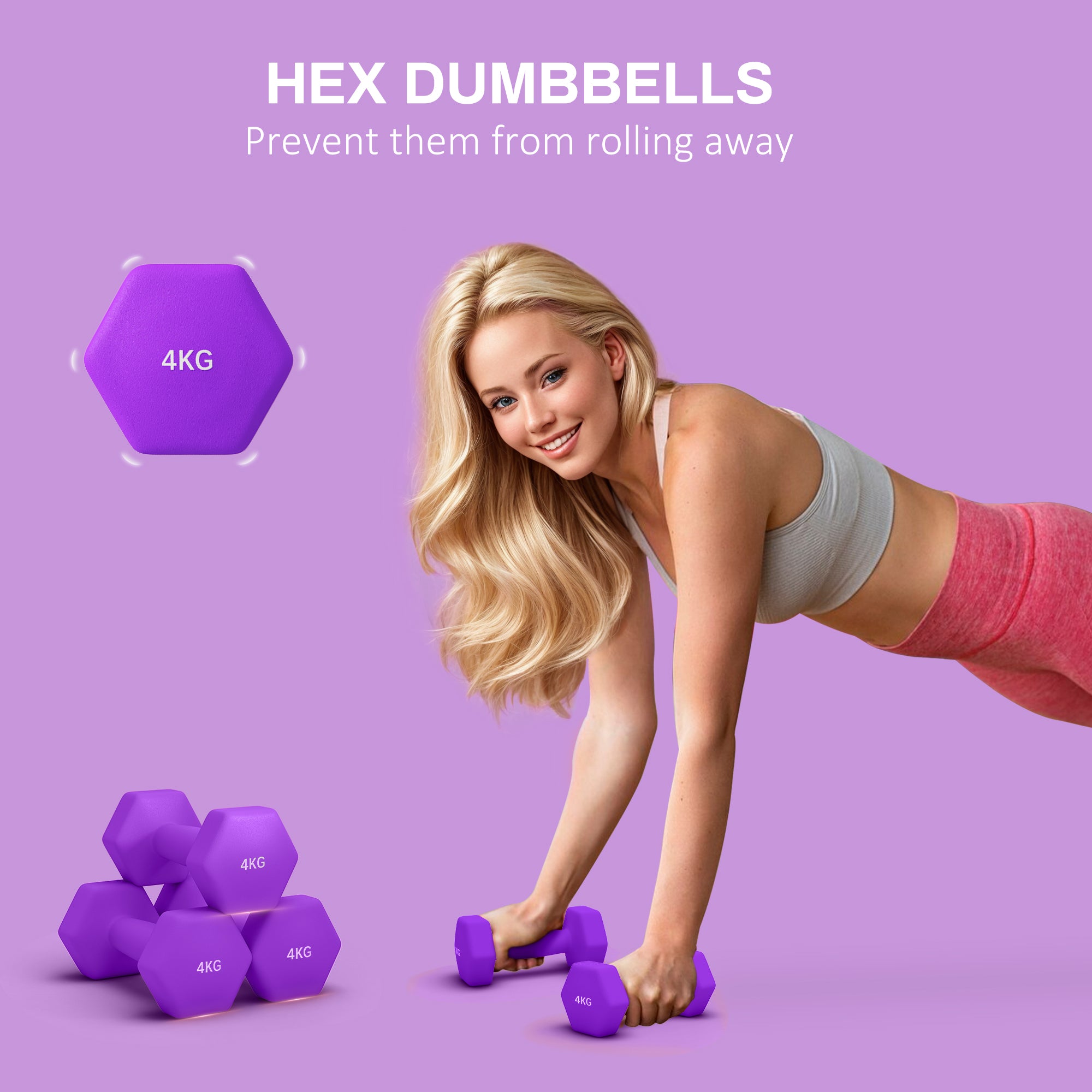 2 x 4kg Hexagonal Dumbbells Weights Set with Non-Slip Grip for Home Gym Workout, Purple