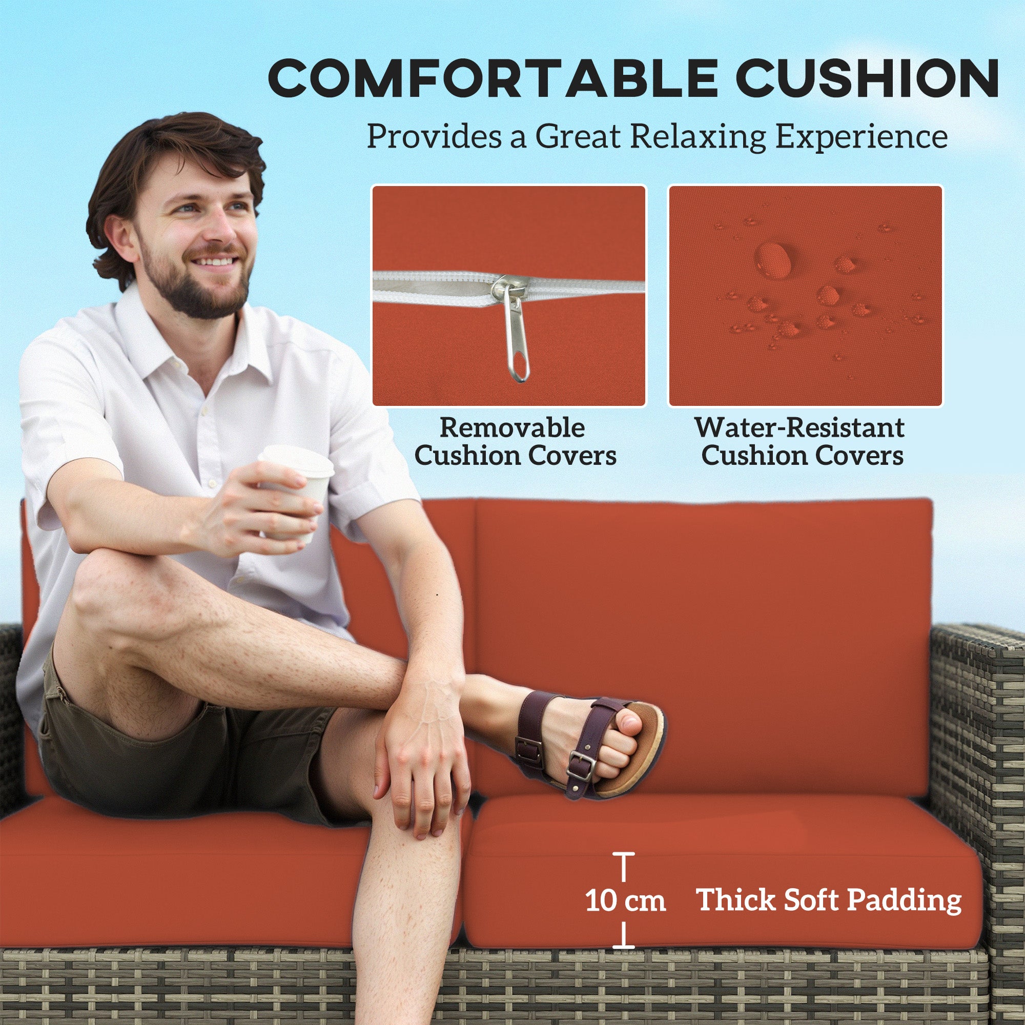 2 Seater Rattan Garden Sofa with Padded Cushions and Armrests - Grey