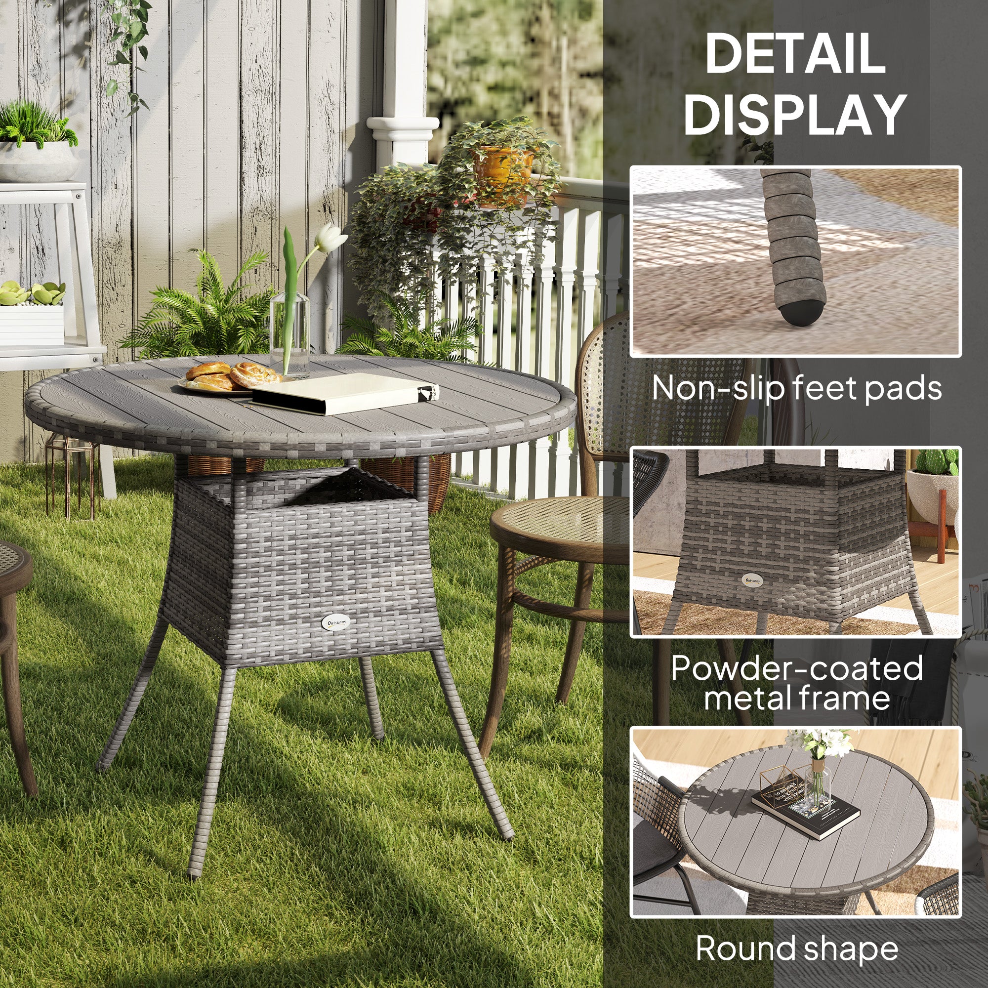 90cm Four-Person Wood-Effect Rattan Dining Table - Grey