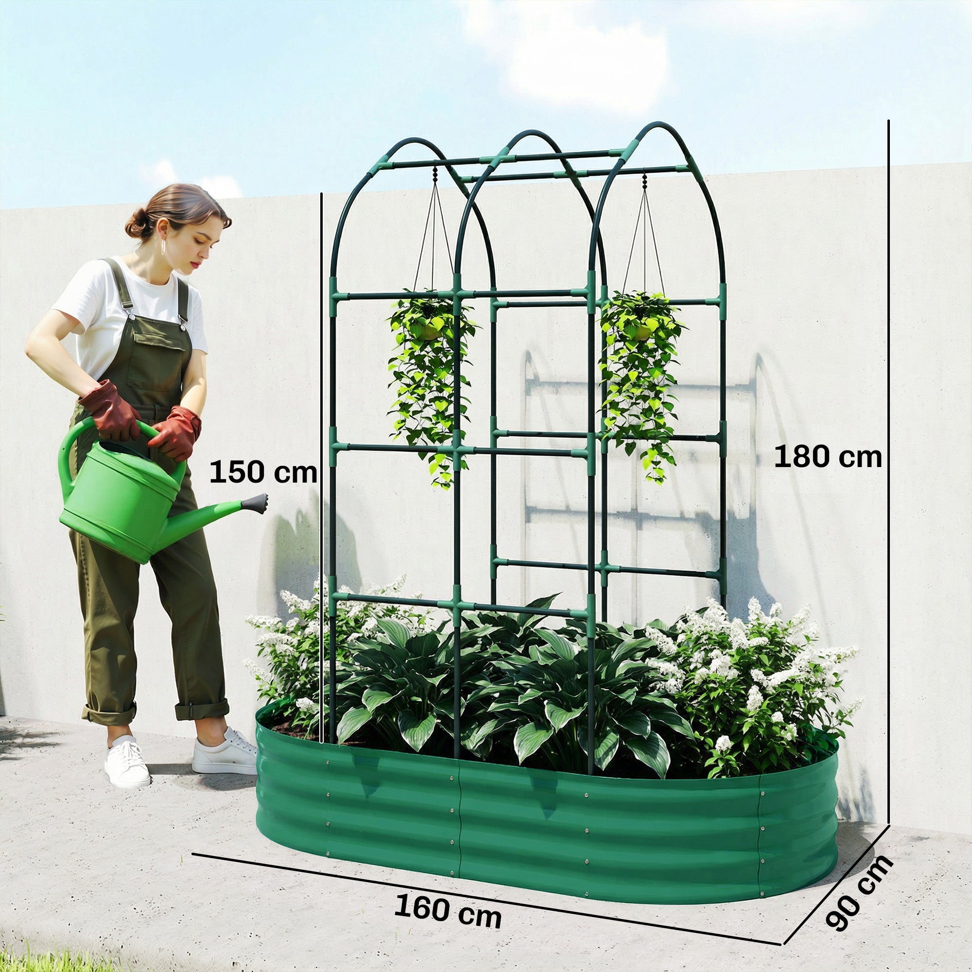 Galvanised Raised Garden Bed with Arched Trellis, 5 x 3 x 6ft Metal Raised Bed for Garden with Open Bottom, Green