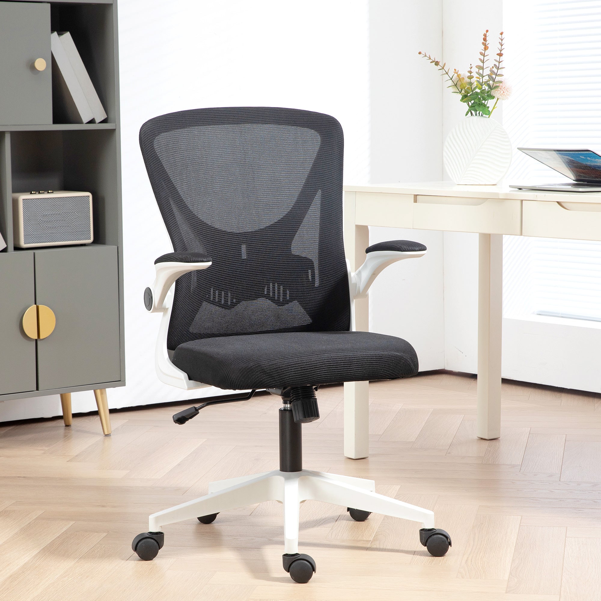 Mesh Back Office Chair, with Flip-Up Arms - Black and White