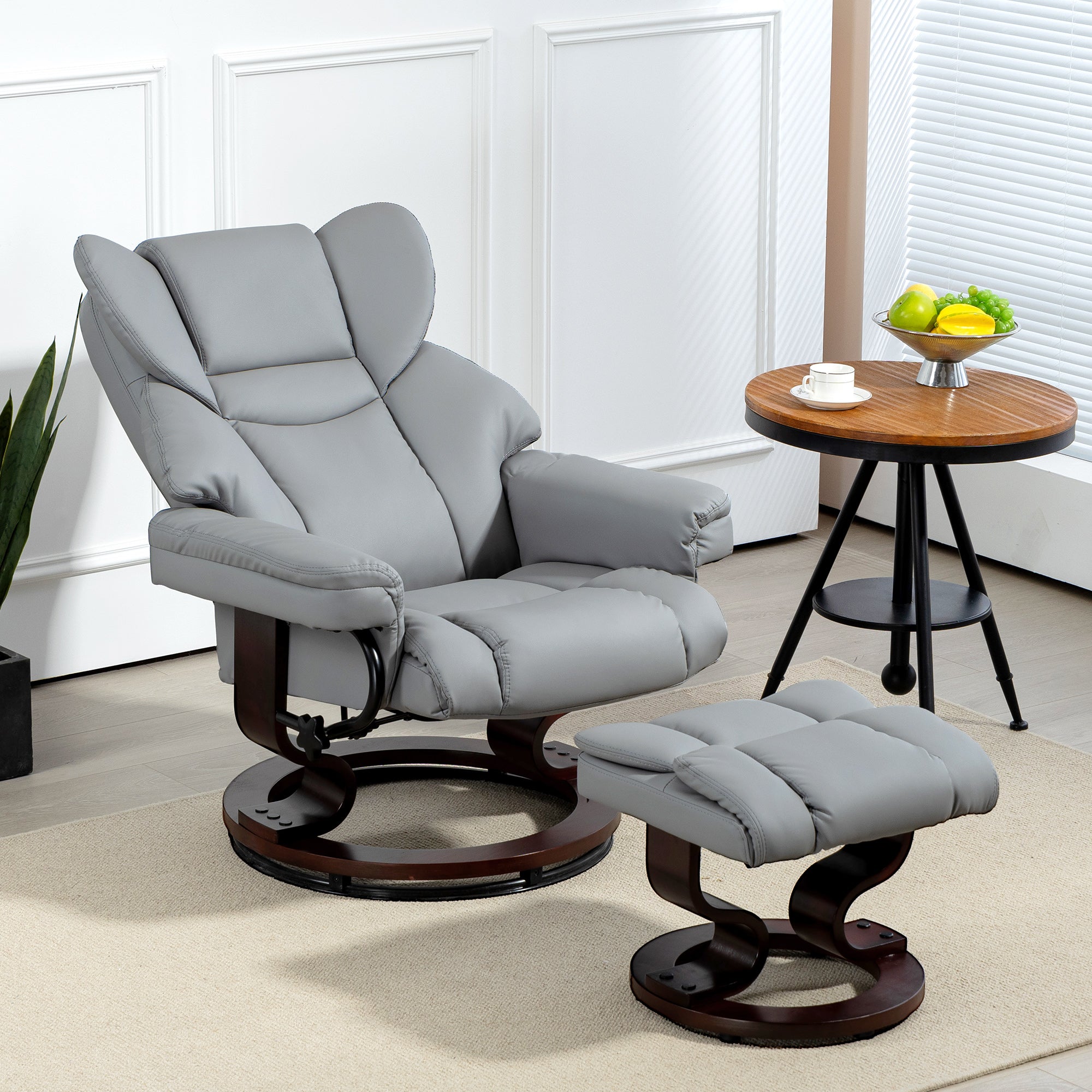 Faux Leather Recliner Chair and Footstool, Swivel Upholstered Armchair and Footstool with Adjustable Backrest, Solid Wood Base for Living Room, Light Grey