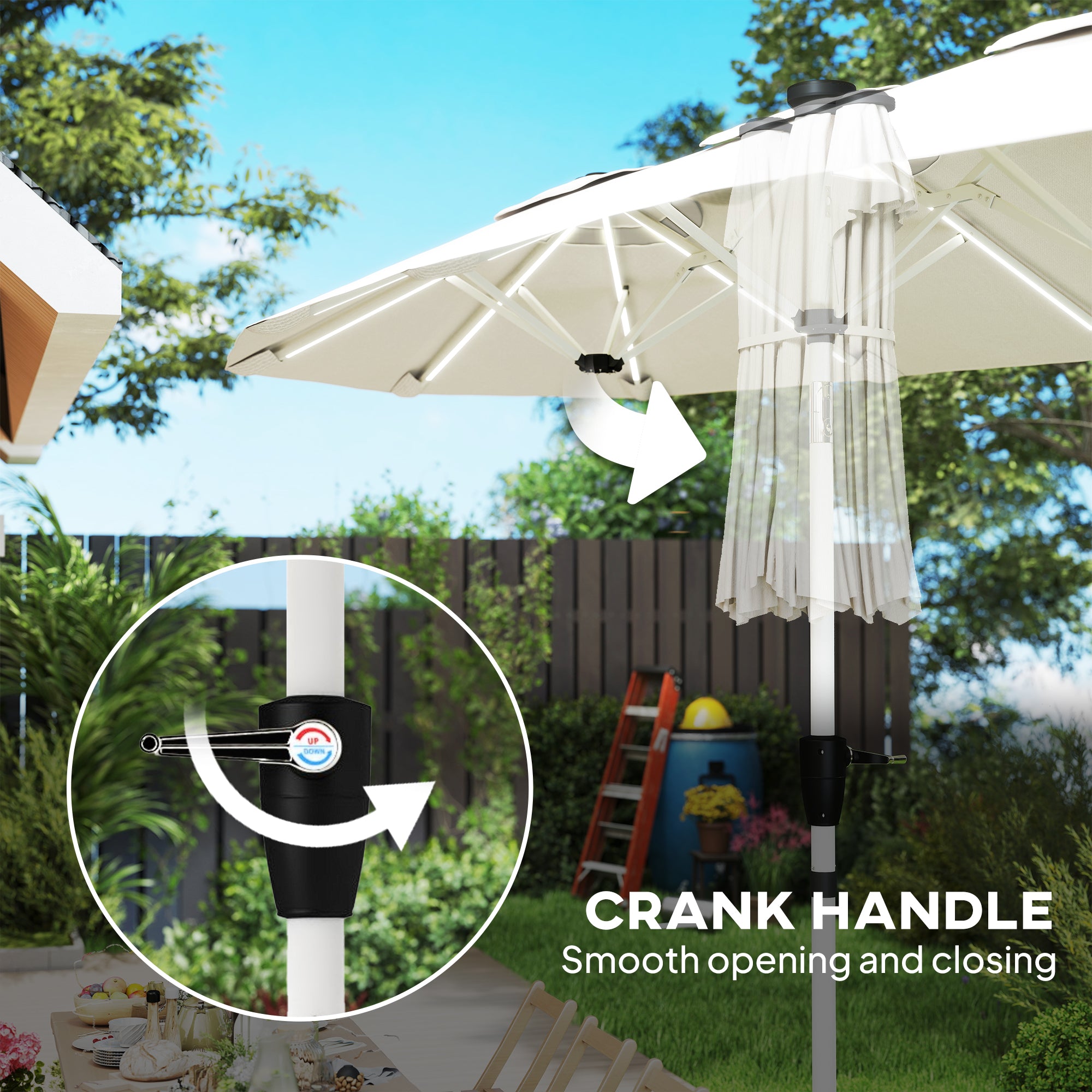3 m Double-Sided Garden Parasol with LED Solar Lights, Outdoor Extra Large Sun Umbrella with Crank Handle, Cream White