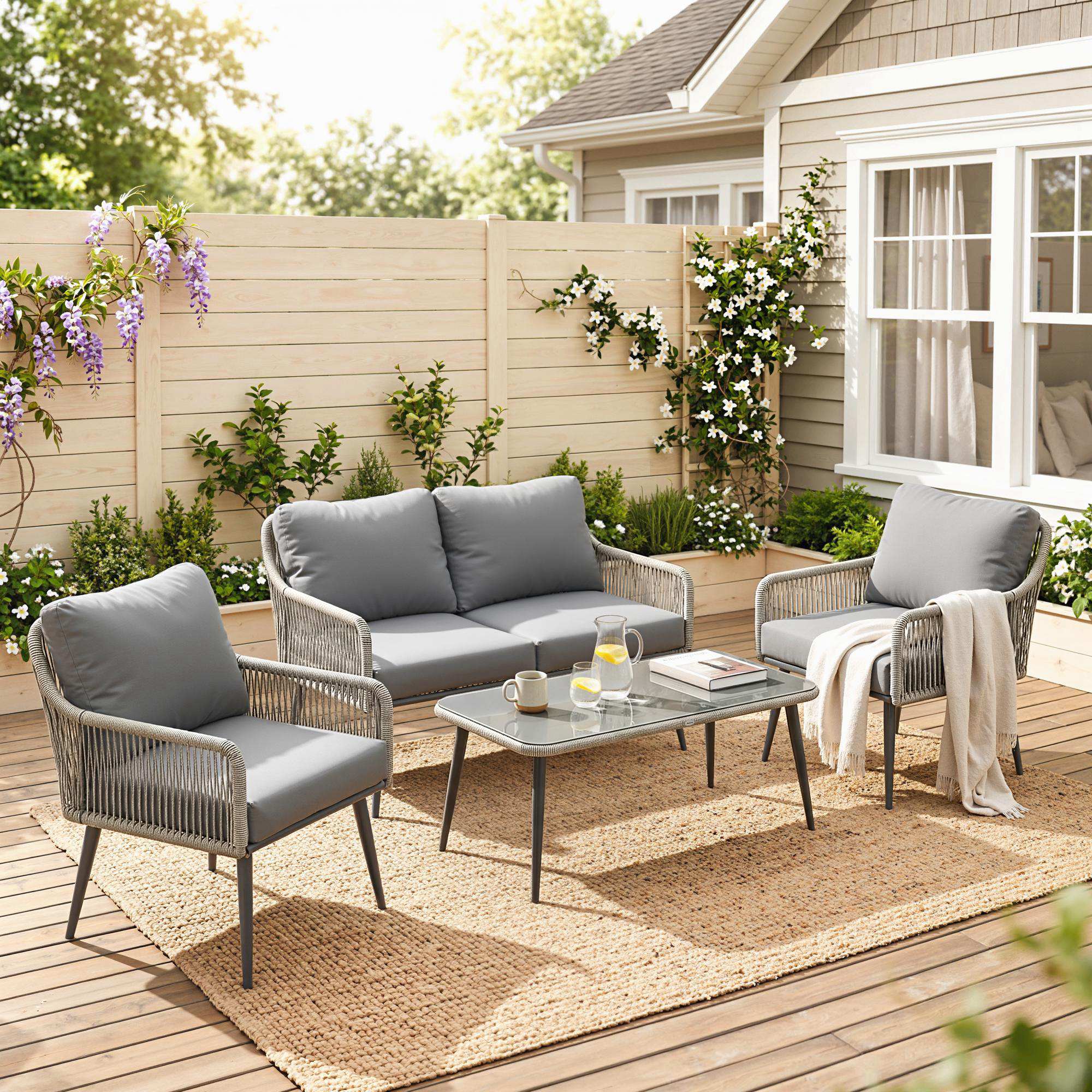 Rattan Garden Furniture Set, 4 Piece Outdoor Patio Furniture with Tempered Glass Table and Chairs, Indoor Balcony Conservatory Set