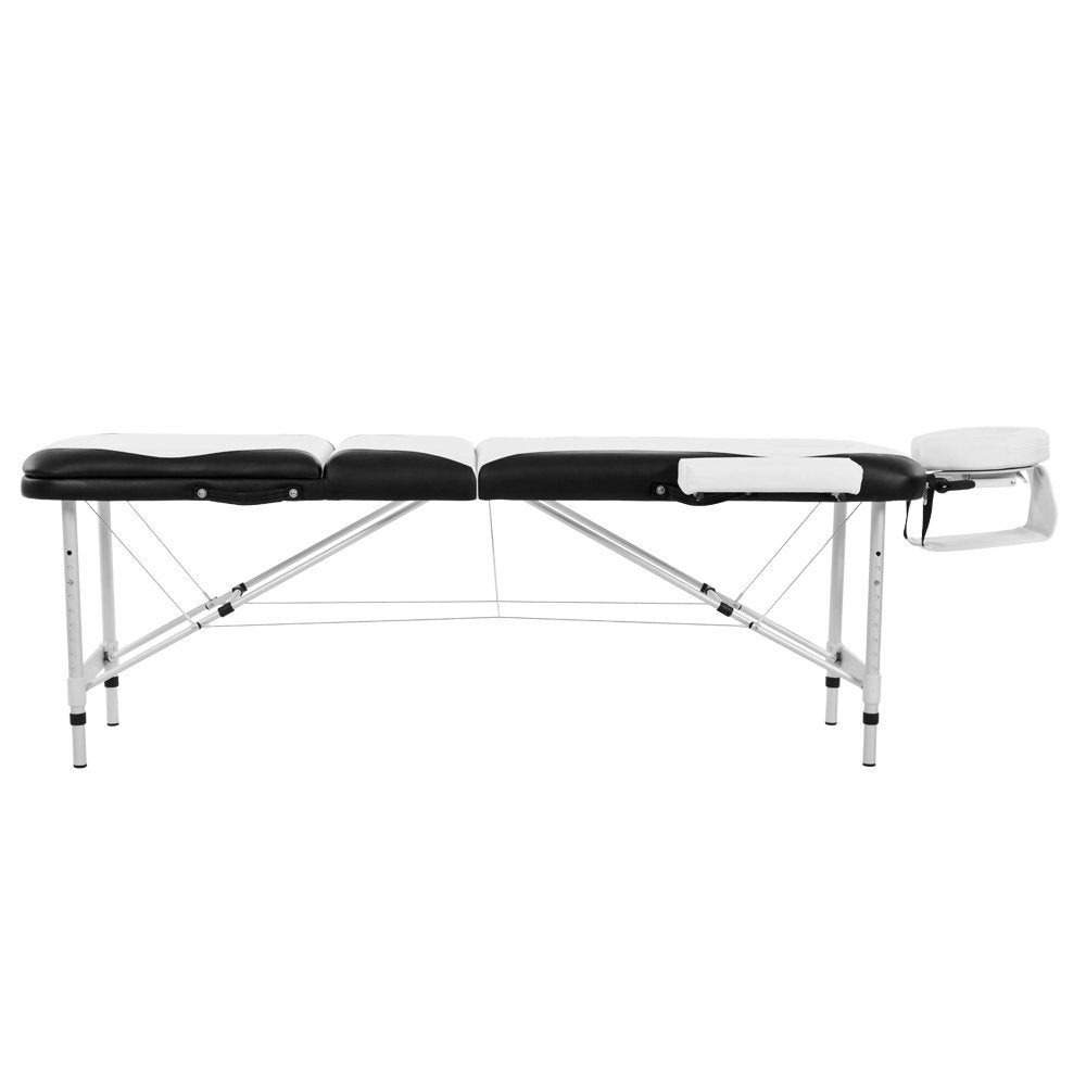 Portable Aluminium Massage Table, 3-Section Foldable Couch Bed with Adjustable Headrest, Arm Support, and Carrying Bag, White