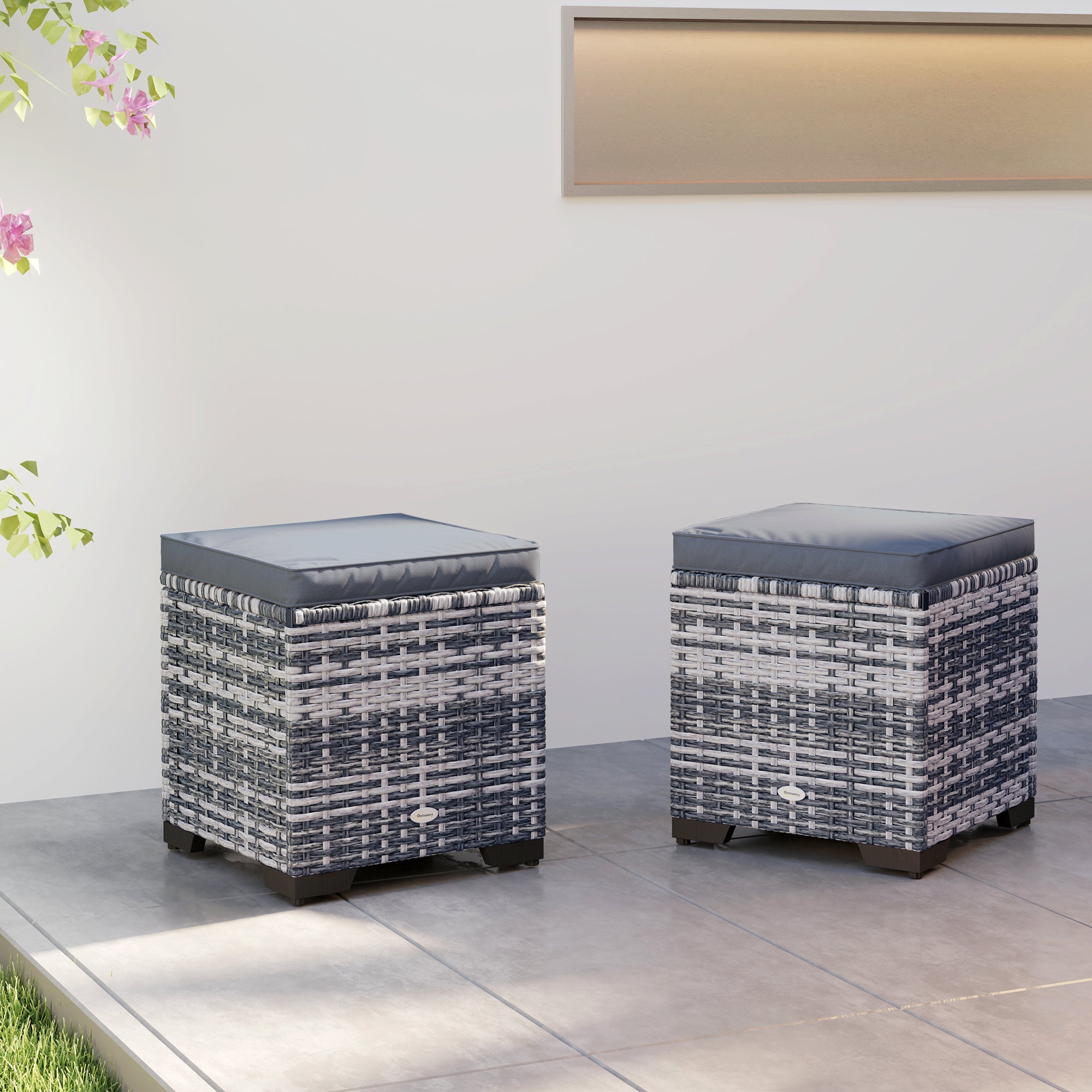 Set of 2 Rattan Storage Ottomans with Removable Cushions - Dark Grey