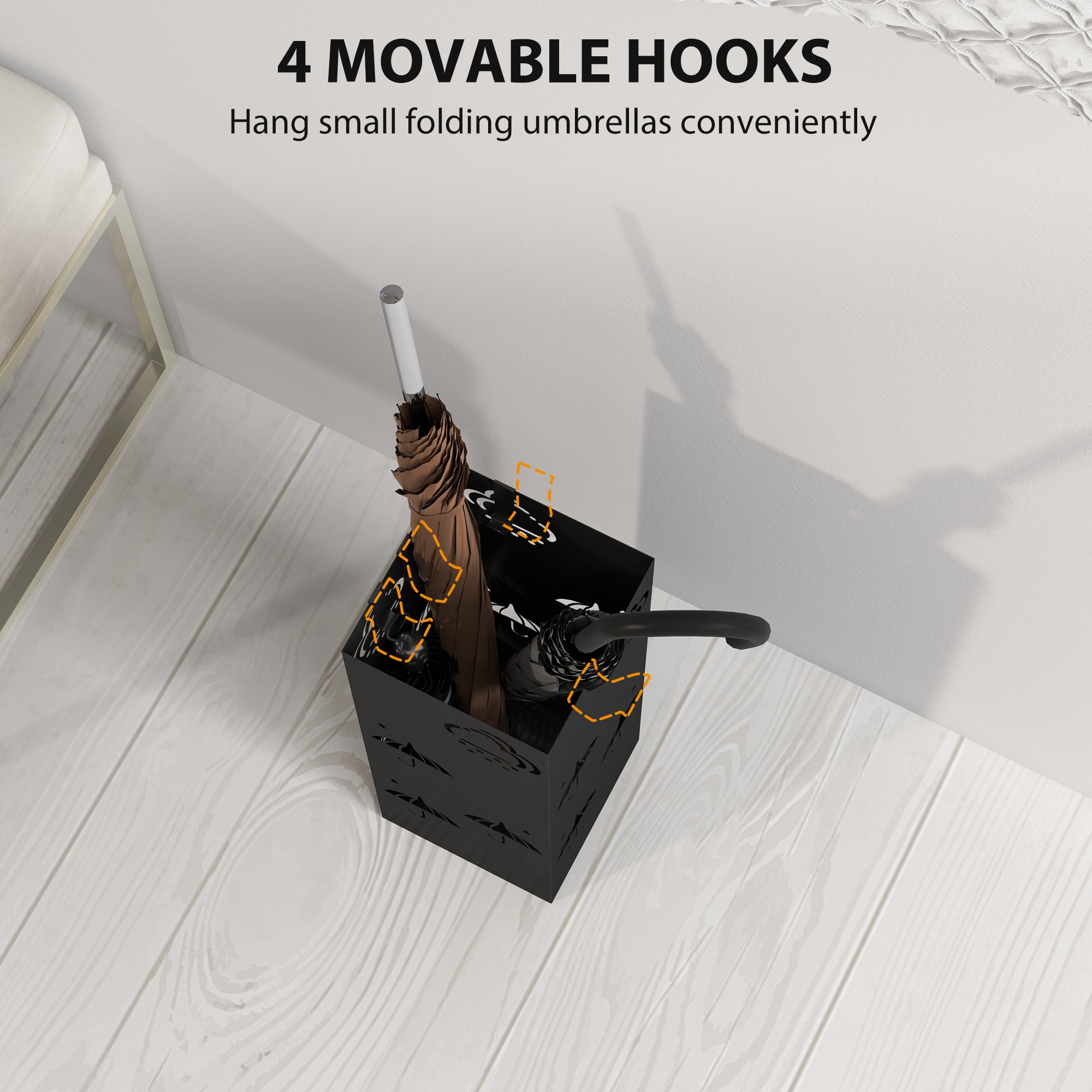 Metal Square Umbrella Stand with 4 Hooks & Removable Drip Tray 15.5x15.5x41 cm - Black