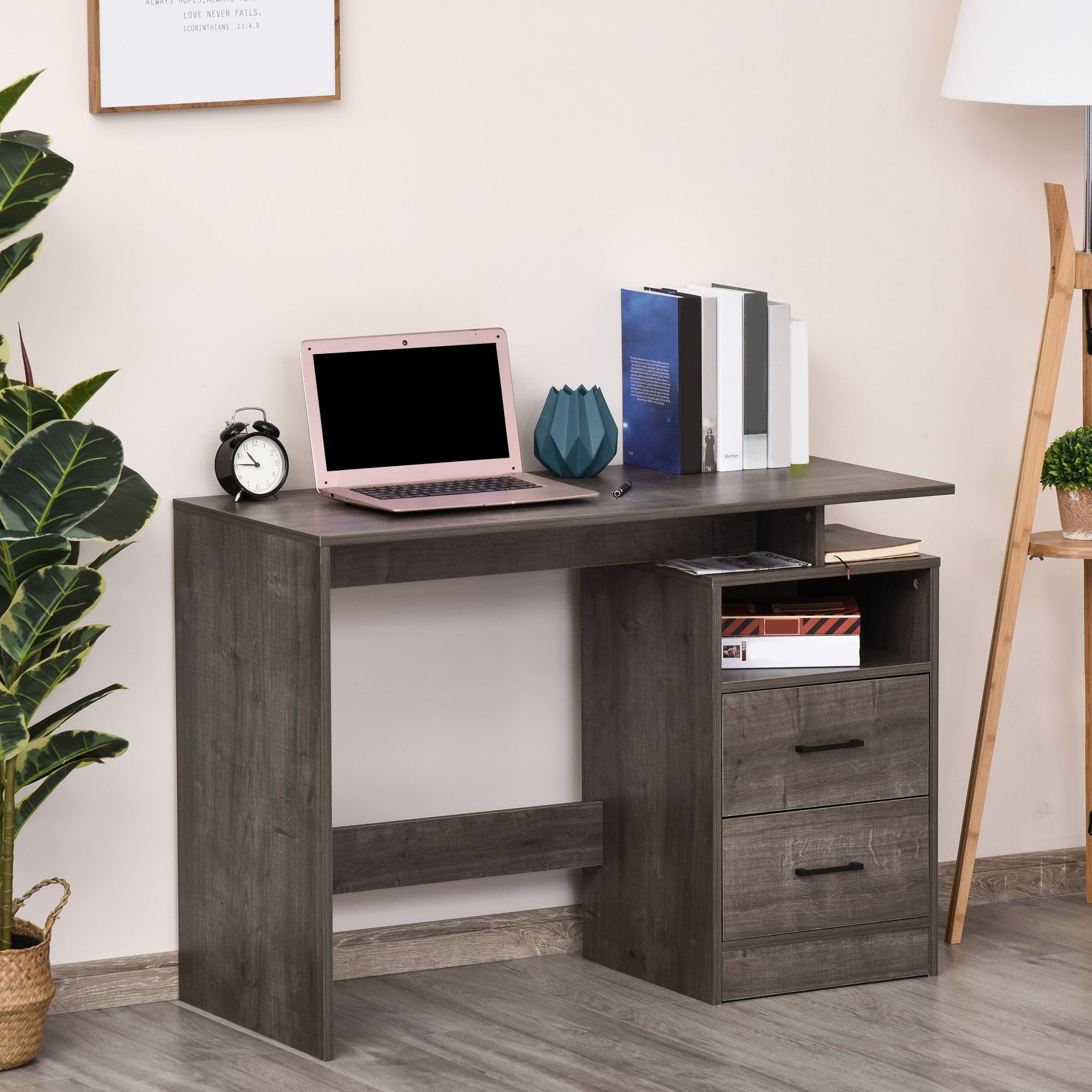 Computer Desk with Drawers and Storage Shelf, 107 x 48cm Writing Desk for Home Office, Study Workstation, Grey