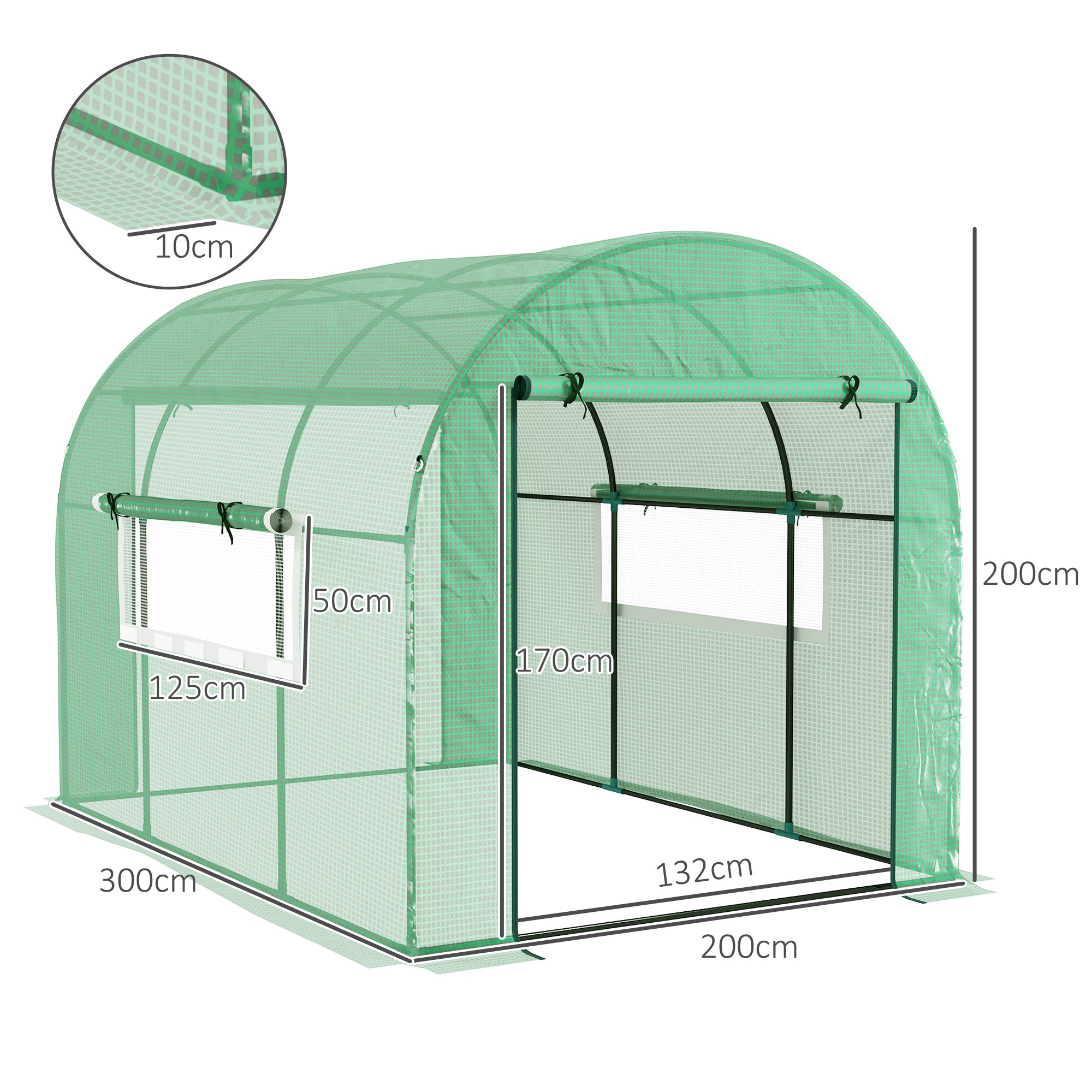 300 x 200cm Walk-In Polytunnel Greenhouse with Zipped Doors - Green