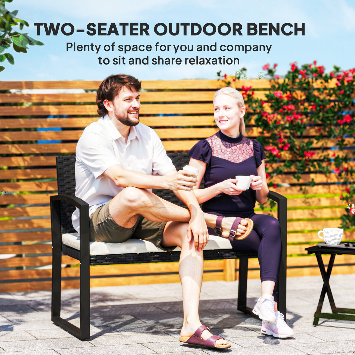Two-Seater Rattan Garden Bench with Cushion - Beige/Black