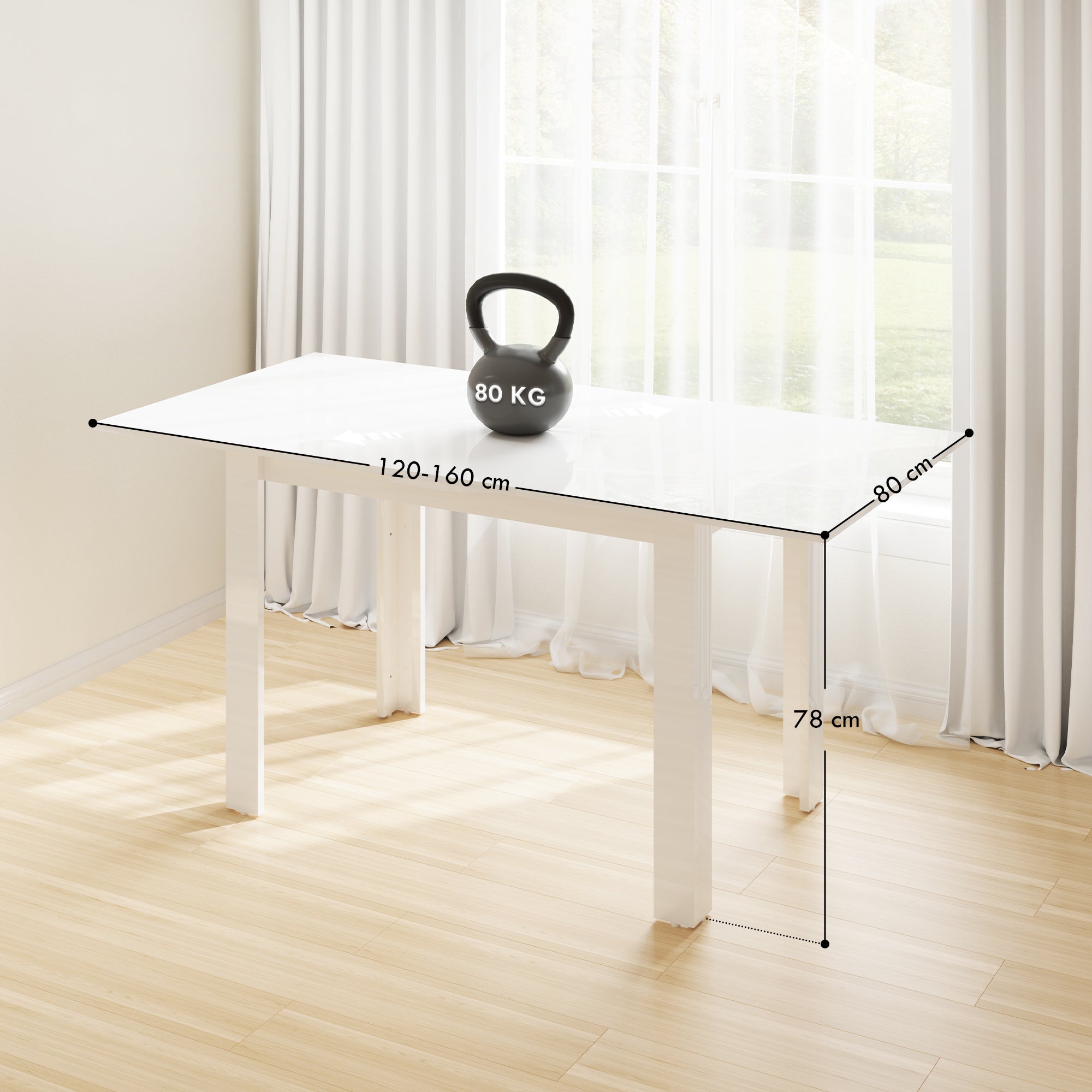 Extendable Dining Table, 120-160 x 70cm Rectangular Kitchen Table for Small Spaces, Seats 4-6 People, High Gloss White