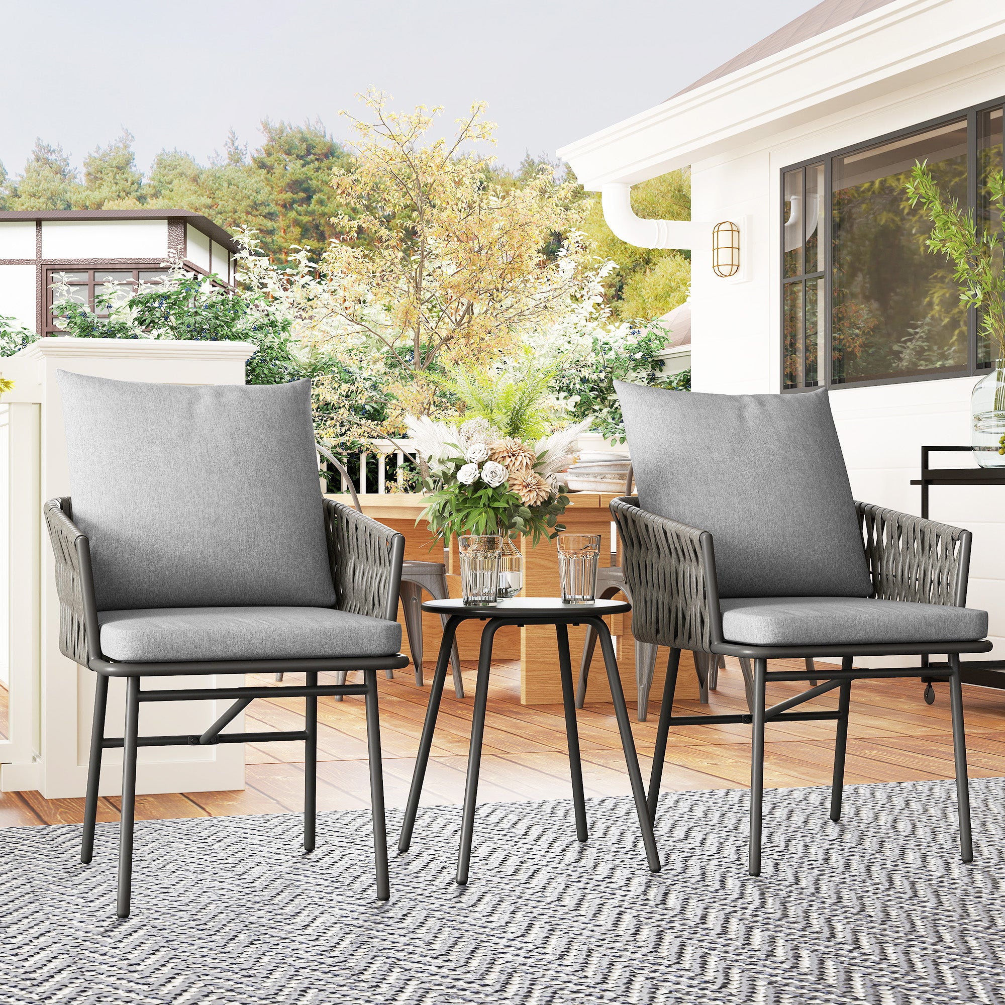 3-Piece Rattan Bistro Set, Garden Table and Chairs with 4 Cushions, Patio Rattan Conversation Furniture Set for Balcony, Porch, Terrace, Grey