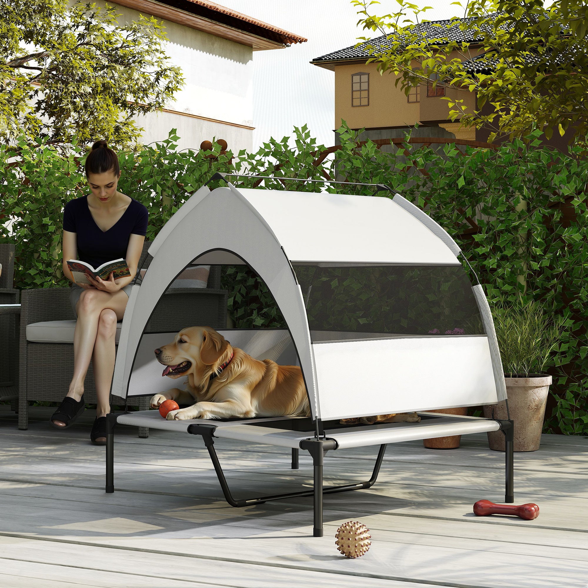 Portable Elevated Dog Bed with Removable Canopy, Cooling Raised Pet Cot for Medium Large Dogs, 92 x 75 x 89 cm
