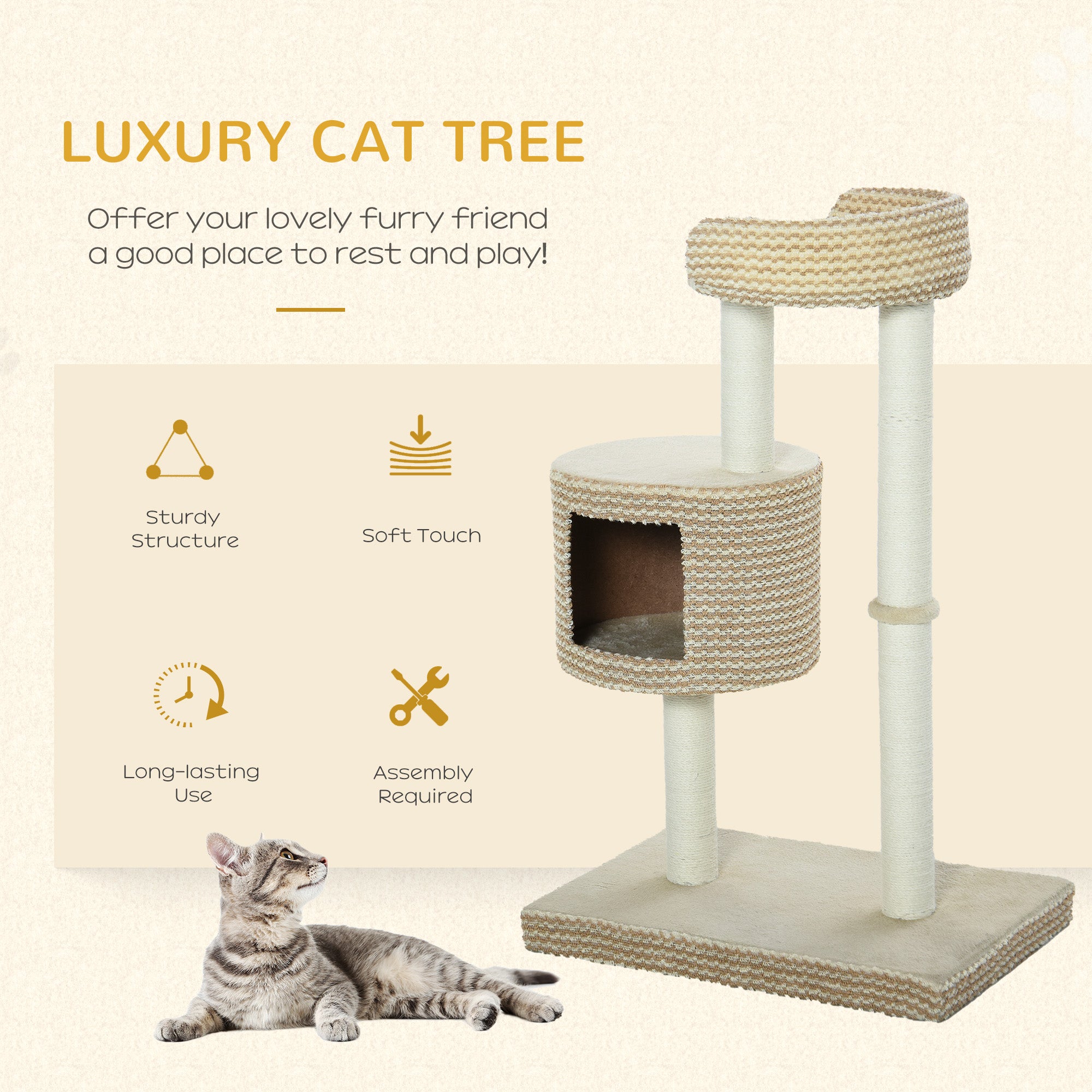 96cm Cat Tree, Cat Condo Tree Tower for Indoor Cats, Cat Activity Centre with Scratching Posts, Plus Perch - Beige