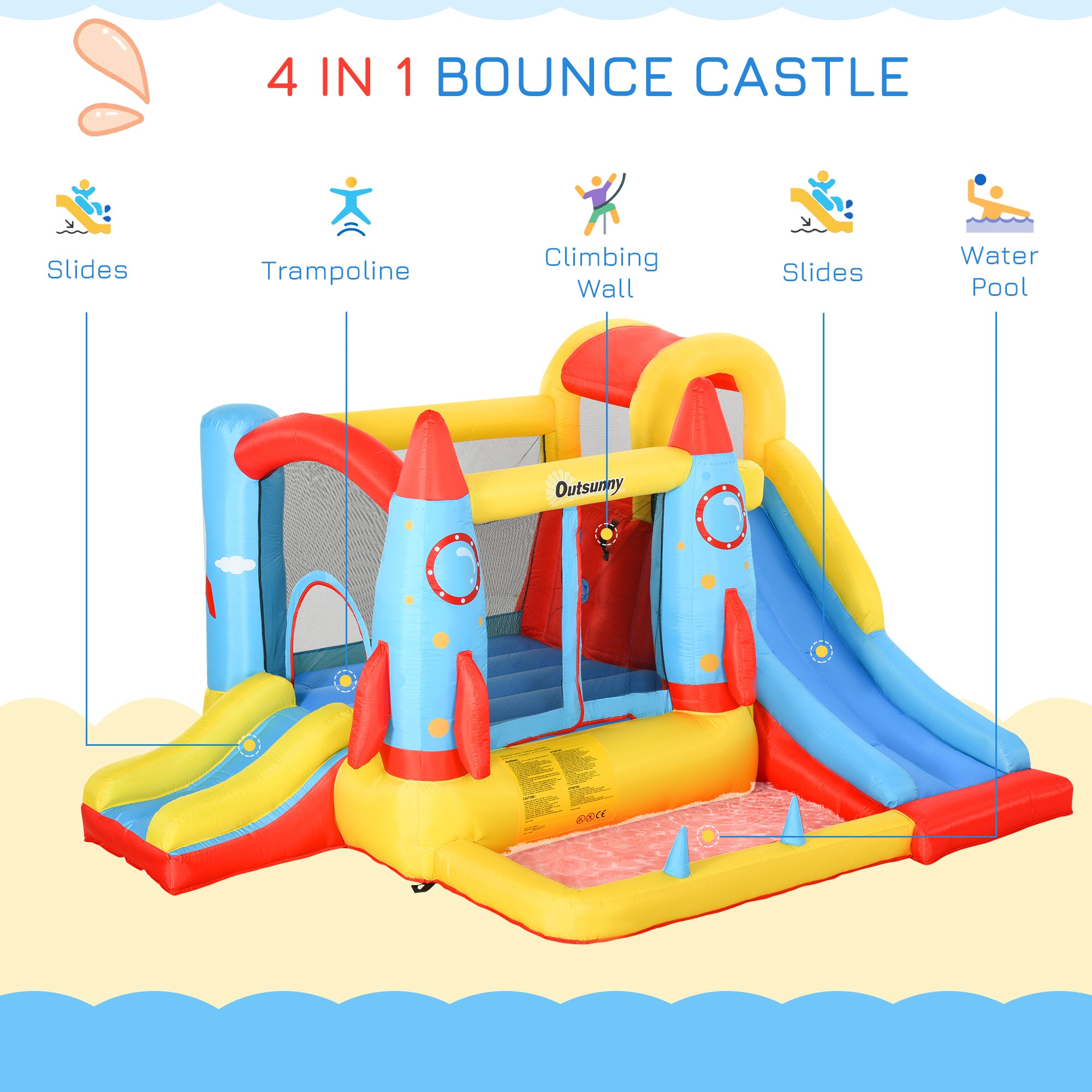 Bounce Castle Inflatable Trampoline Slide Pool Rocket Design 3.4 x 2.8 x 1.85m