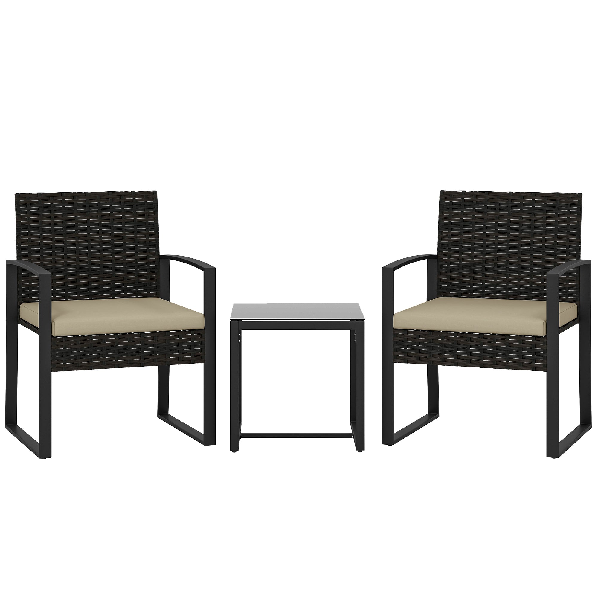 Rattan Bistro Set, 3 Piece Garden Furniture Set with Glass Top Table and Cushions, Khaki