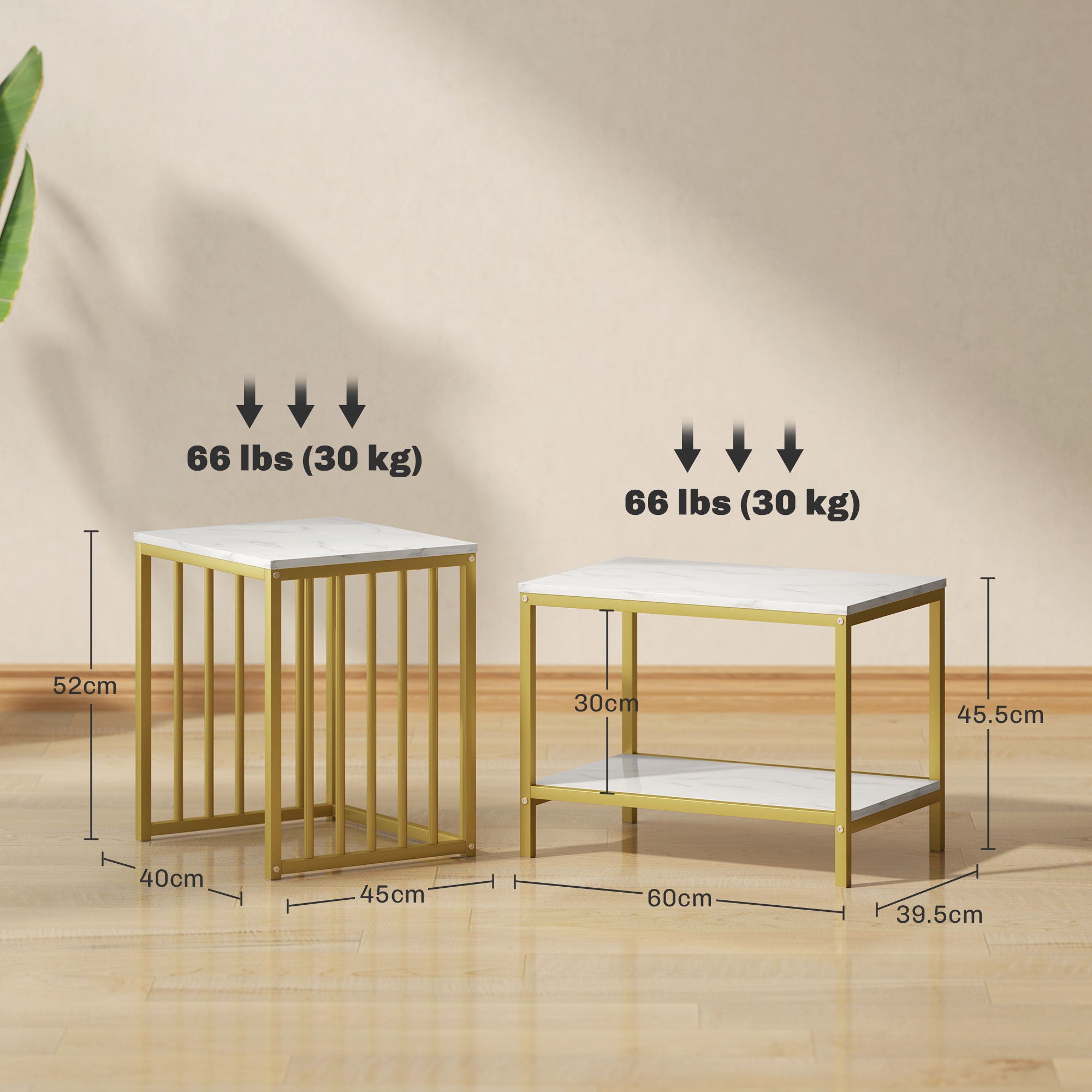 Modern Coffee Table Set of Two, Marble-Effect Nesting Side Tables with Steel Frame for Living Room, Gold Tone