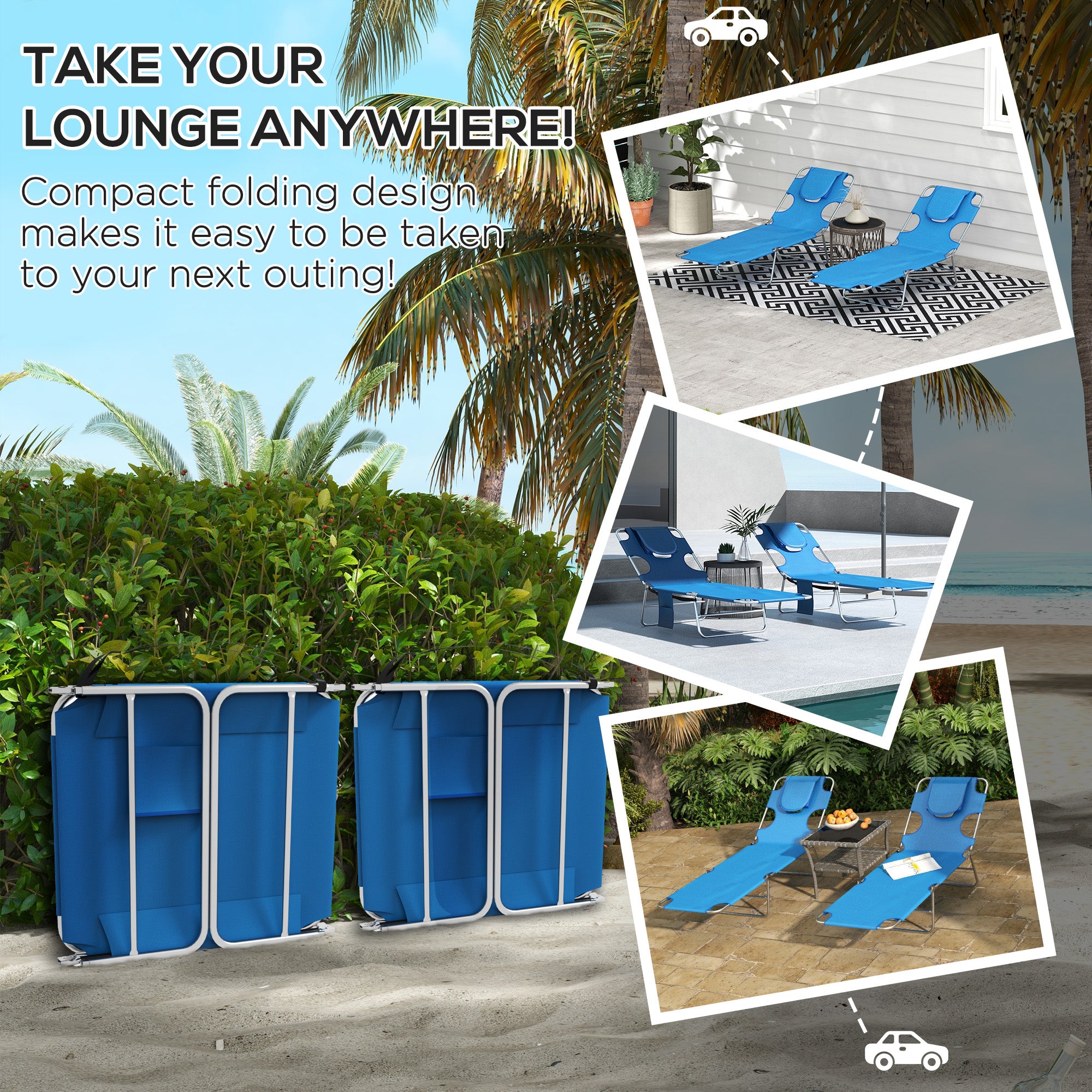 Foldable Sun Lounger Set of 2 with Reading Hole, Portable Sun Lounger with 5 Level Adjustable Backrest, Reclining Lounge Chair with Side Pocket, Headrest Pillow, Blue