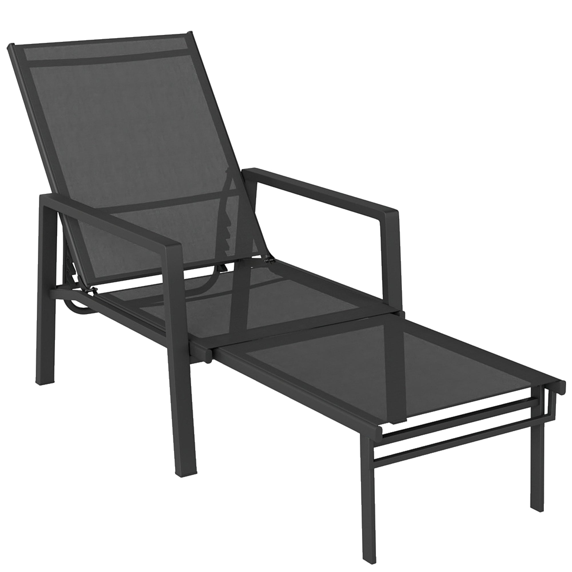 Sun Lounger Retractable Footrest 5-Position Adjustable Steel Frame for Beach, Porch, Patio, Camping, Black