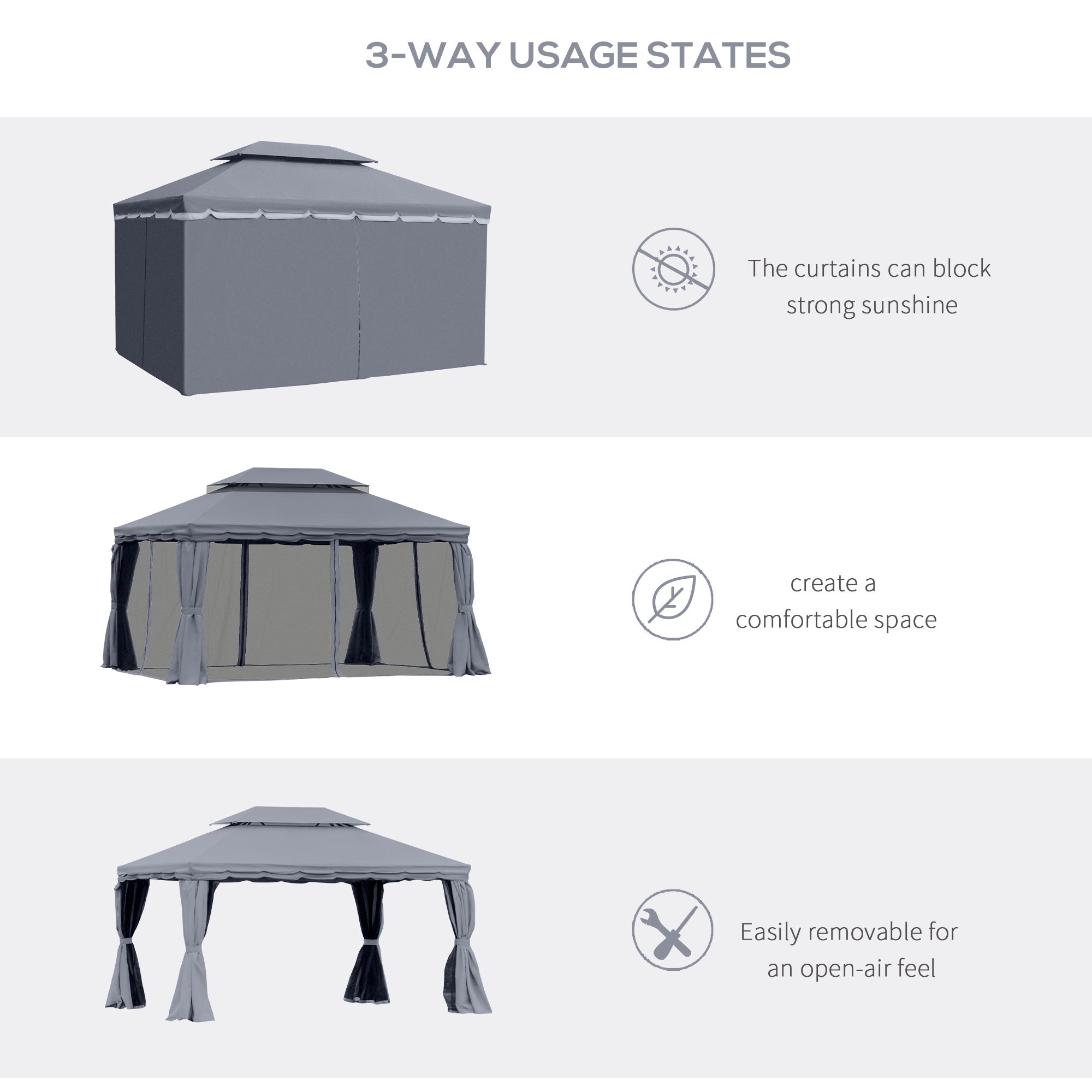 3x4m Aluminium Garden Gazebo with Nets and Curtains Marquee Canopy Shelter Pavilion - Dark Grey