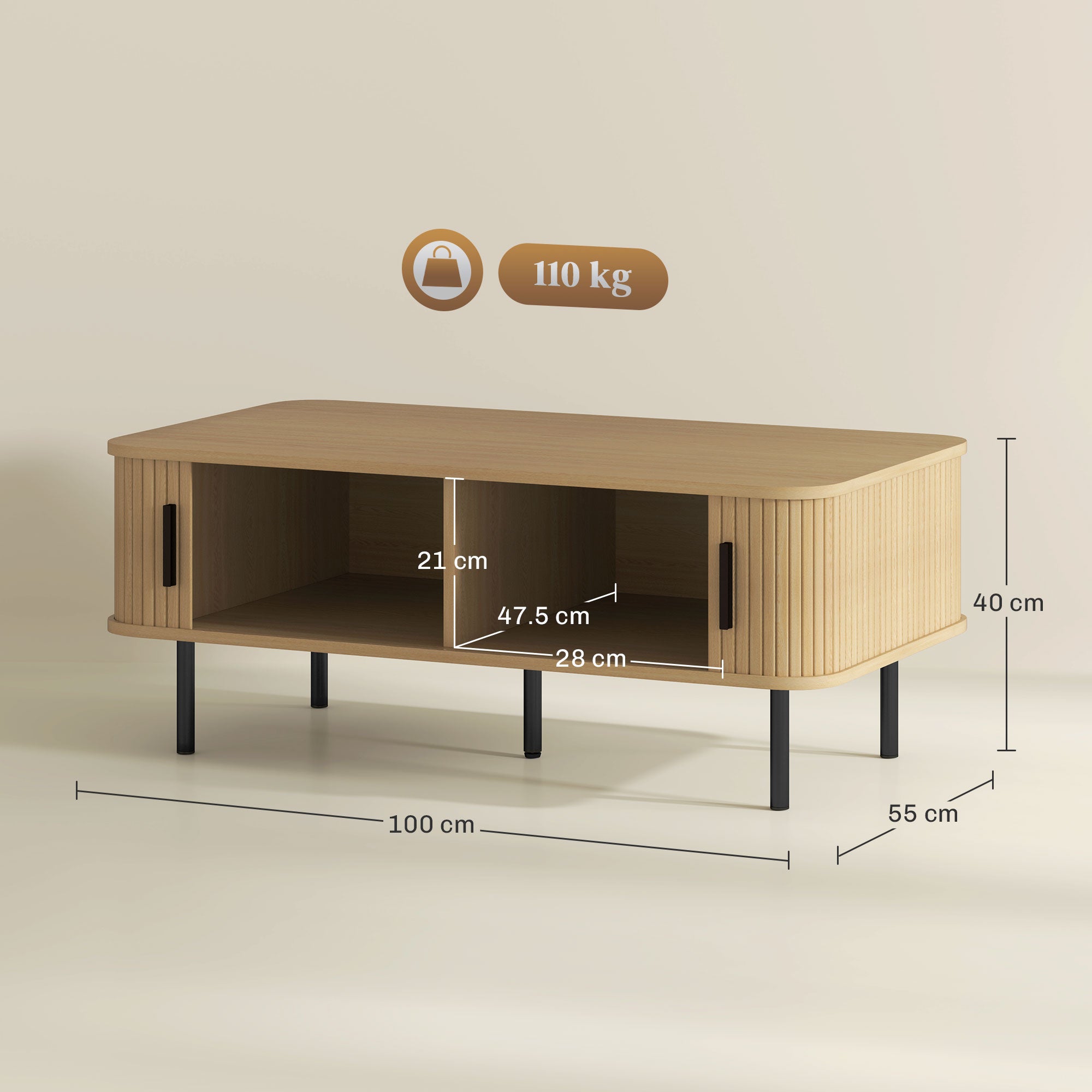 Rectangular Coffee Table with Storage and Slatted Tambour Sliding Doors, Elevated Base with Foot Pads - Oak