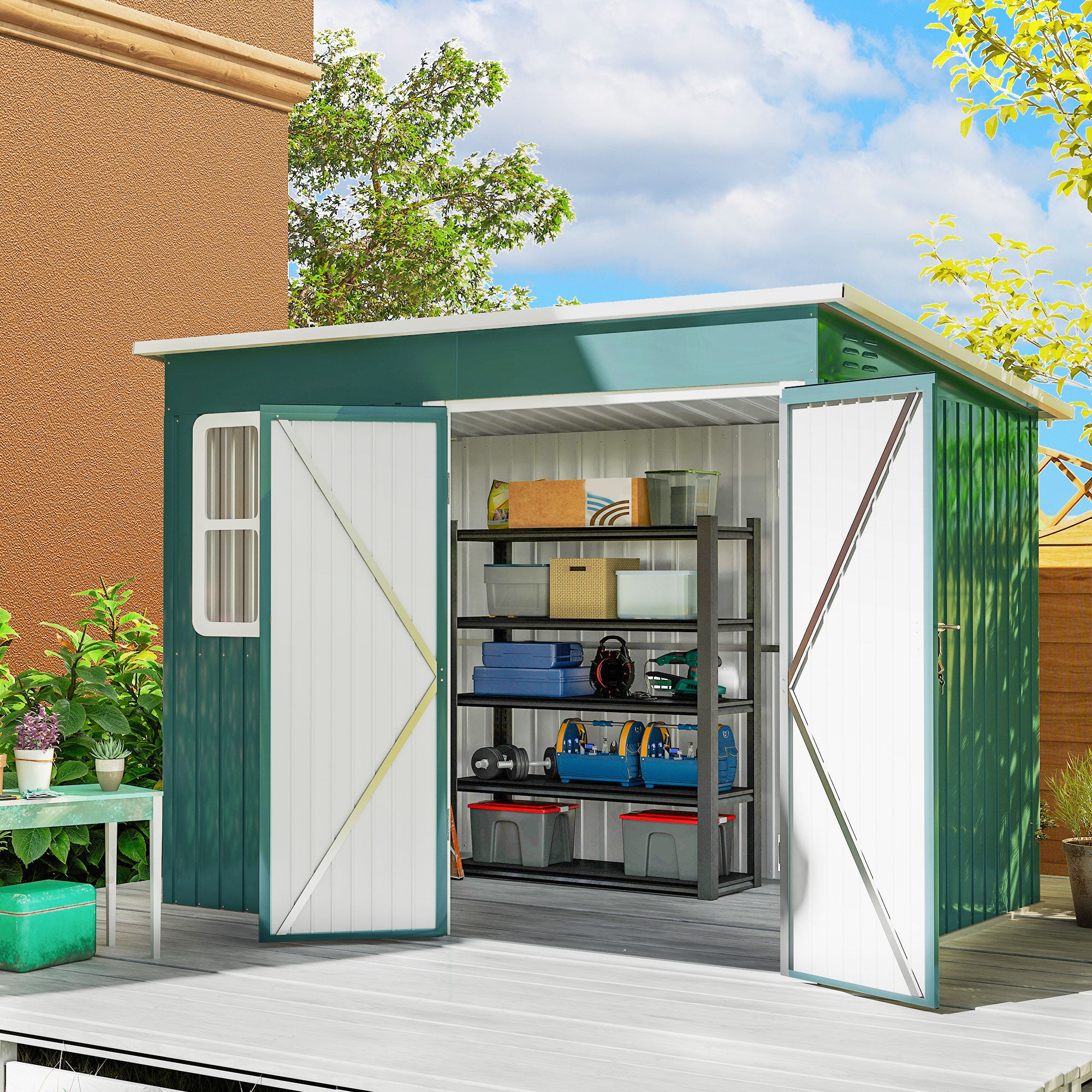 8.5 x 6ft Storage Shed Galvanised Steel Garden Shed, Metal Shed with Foundation Kit, Window, Lockable Wide Doors and Air Vents for Outdoor Patio, Green