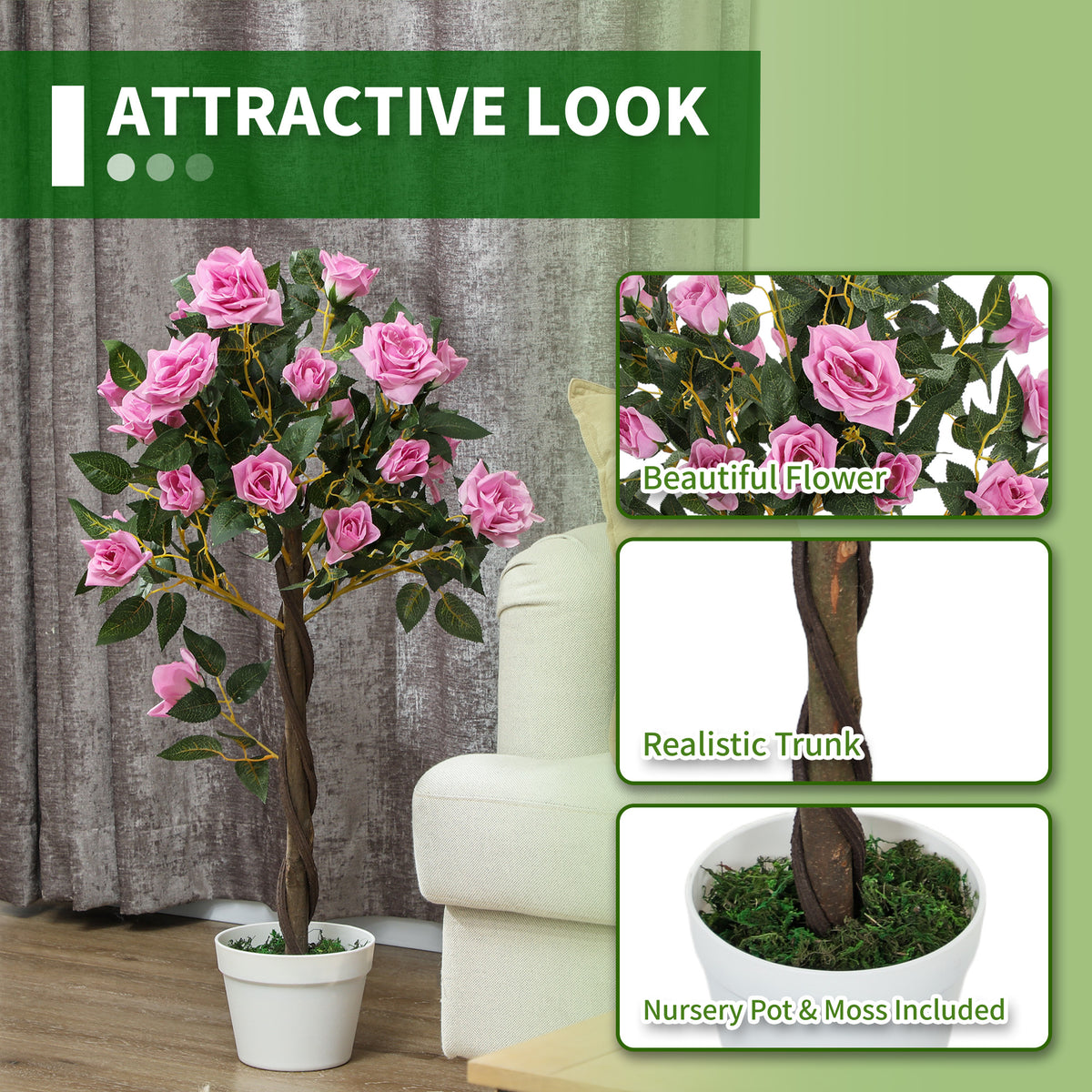 Set of 2 Artificial White Rose Plants in Pot 90cm - Purple