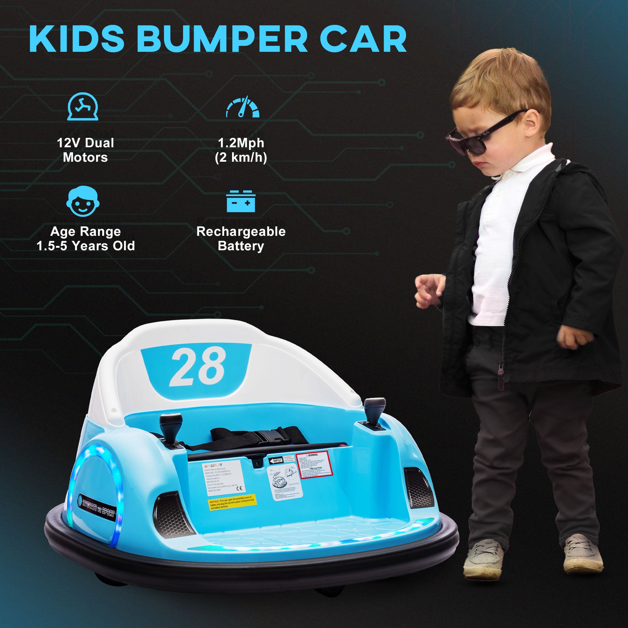360° Rotation Kids Bumper Car, 12V Waltzer Car with Remote Control, Dual Joysticks, Music Lights - Light Blue