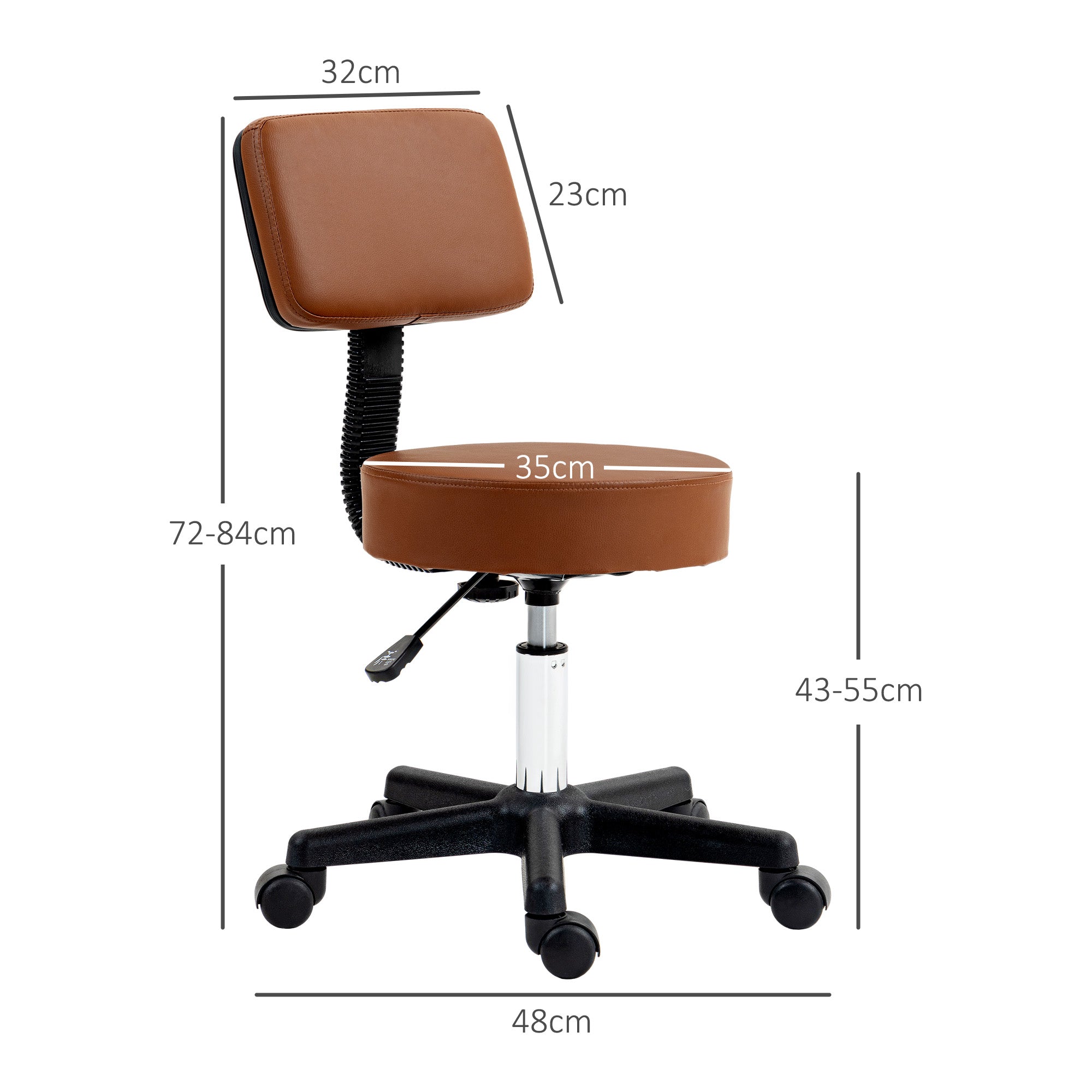 Beautician's Swivel Salon Chair w/ Padded Seat Back 5 Wheels Adjustable Height Salon Hairdressers Tattoo Spa Rolling Cushion Professional 48cm Brown