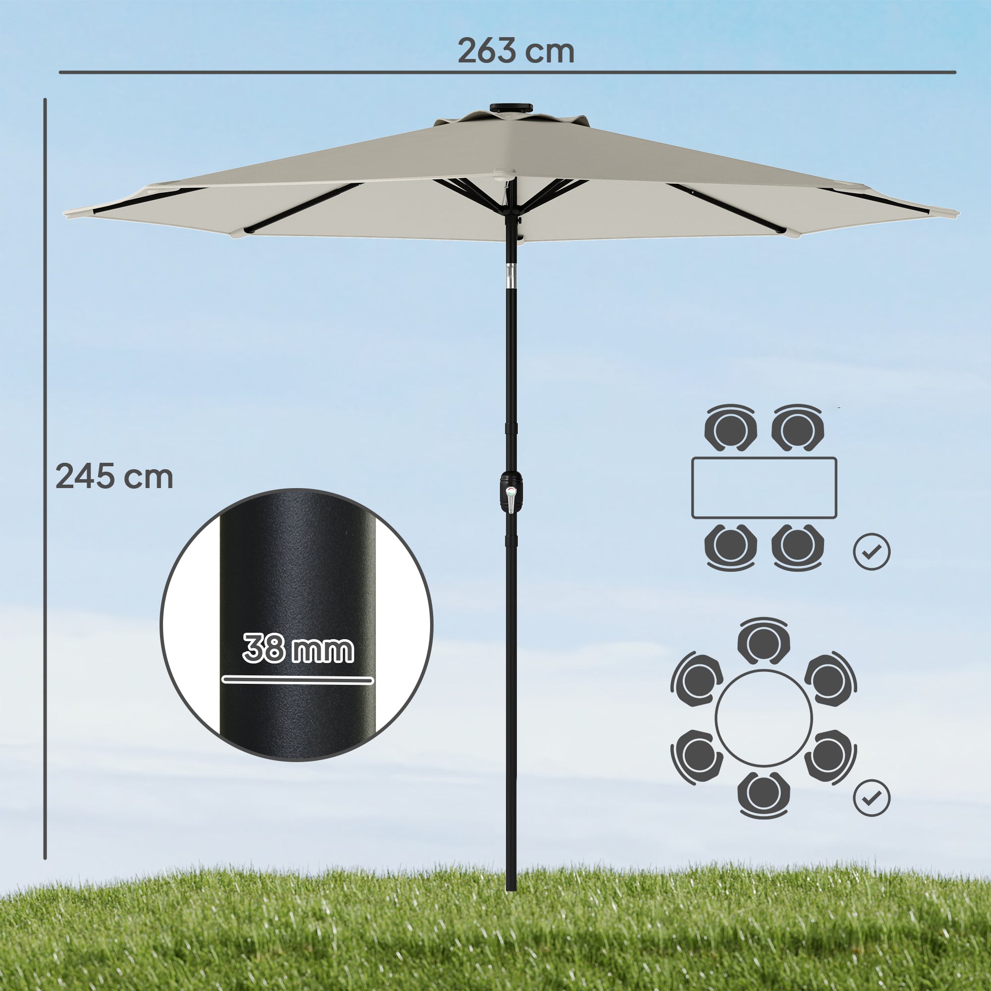 2.6 m Garden Parasol Umbrella with LED Solar Light, Parasol Cover, Outdoor Market Patio Umbrella, Light Grey