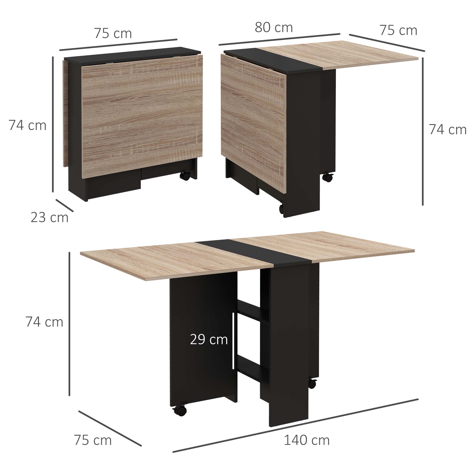 Folding Dining Table, Drop Leaf Table for Small Spaces with 2-tier Shelves, Small Kitchen Table with Rolling Casters, Oak and Black