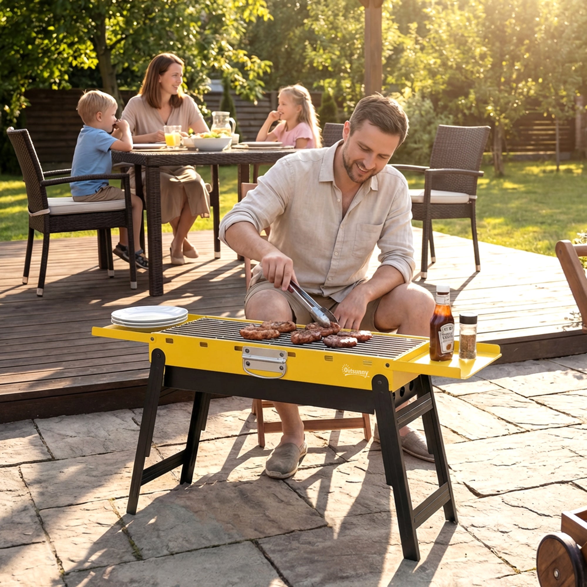 Portable BBQ Grill, Foldable Charcoal Grill for Camping and Picnics with 2 Side Shelves and Handle, Yellow